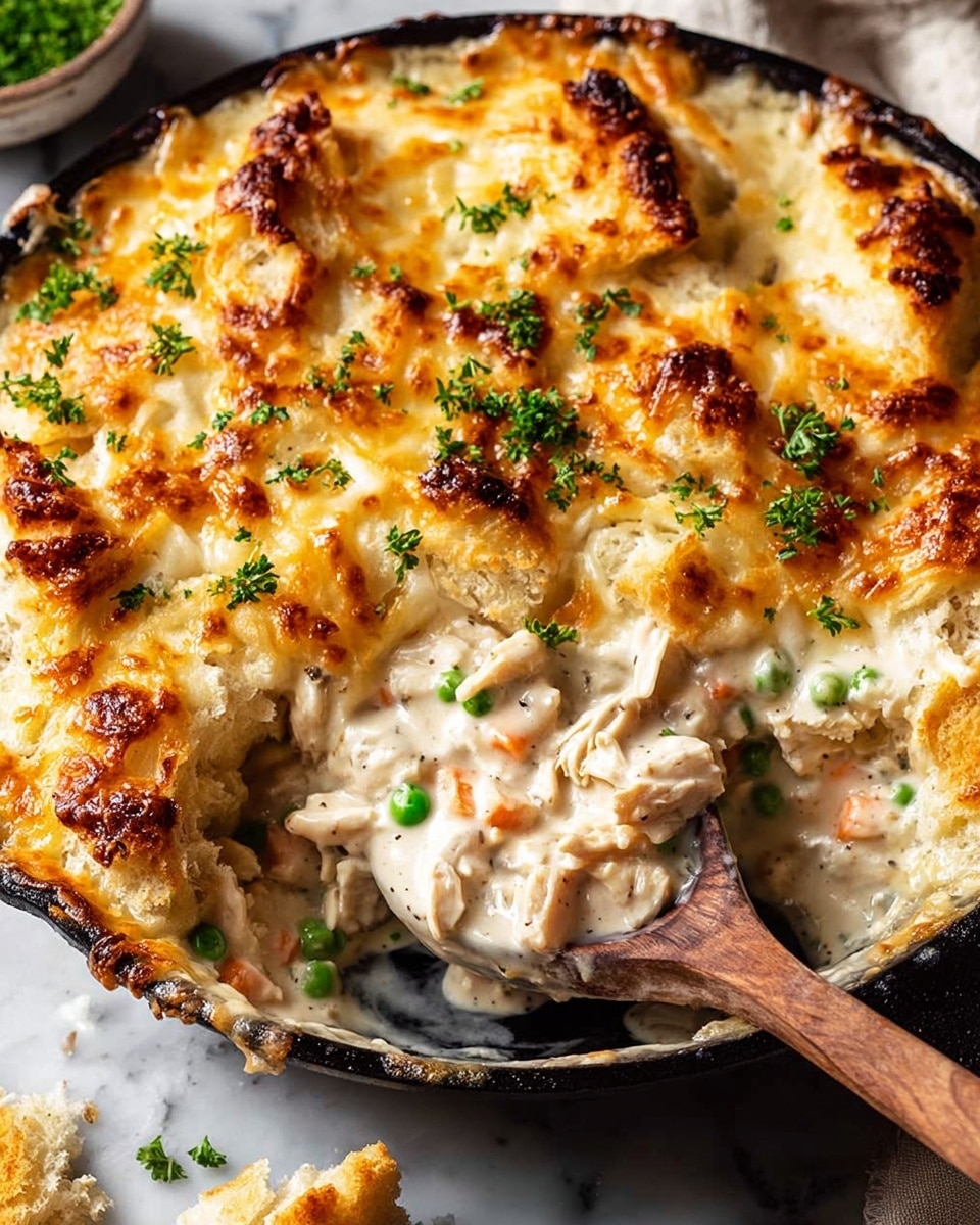 The dish is a layered chicken pot pie casserole in a black skillet, placed on a white marbled surface. The top layer is golden brown melted cheese, bubbly and slightly crispy with some green parsley bits sprinkled. Below it, torn pieces of light golden bread create a rough, textured middle layer. The bottom layer is creamy white sauce mixed with chunks of cooked chicken, bright orange carrot cubes, and green peas, visible where a wooden-handled spoon scoops out part of the casserole. Photo taken with an iphone --ar 4:5 --v 7