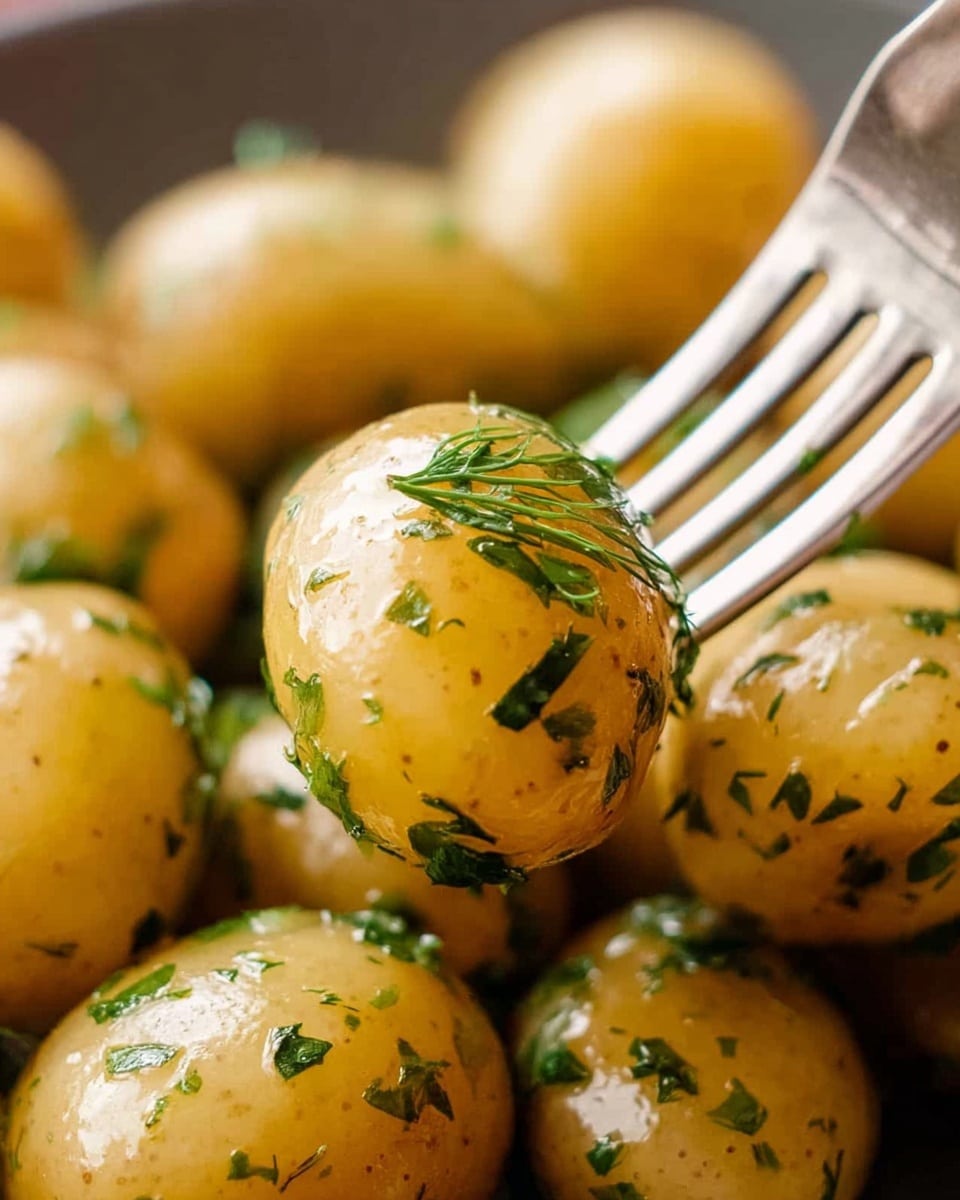 A close-up image of several small boiled potatoes, light golden-brown in color and glistening with oil or butter. The potatoes are sprinkled generously with chopped green herbs, likely parsley or dill, adding a fresh green contrast on the shiny potato skins. One potato is lifted by a fork, with the fork's metal tines piercing its smooth surface. The potatoes fill the frame closely, resting on a white marbled surface that softly reflects light. photo taken with an iphone --ar 4:5 --v 7