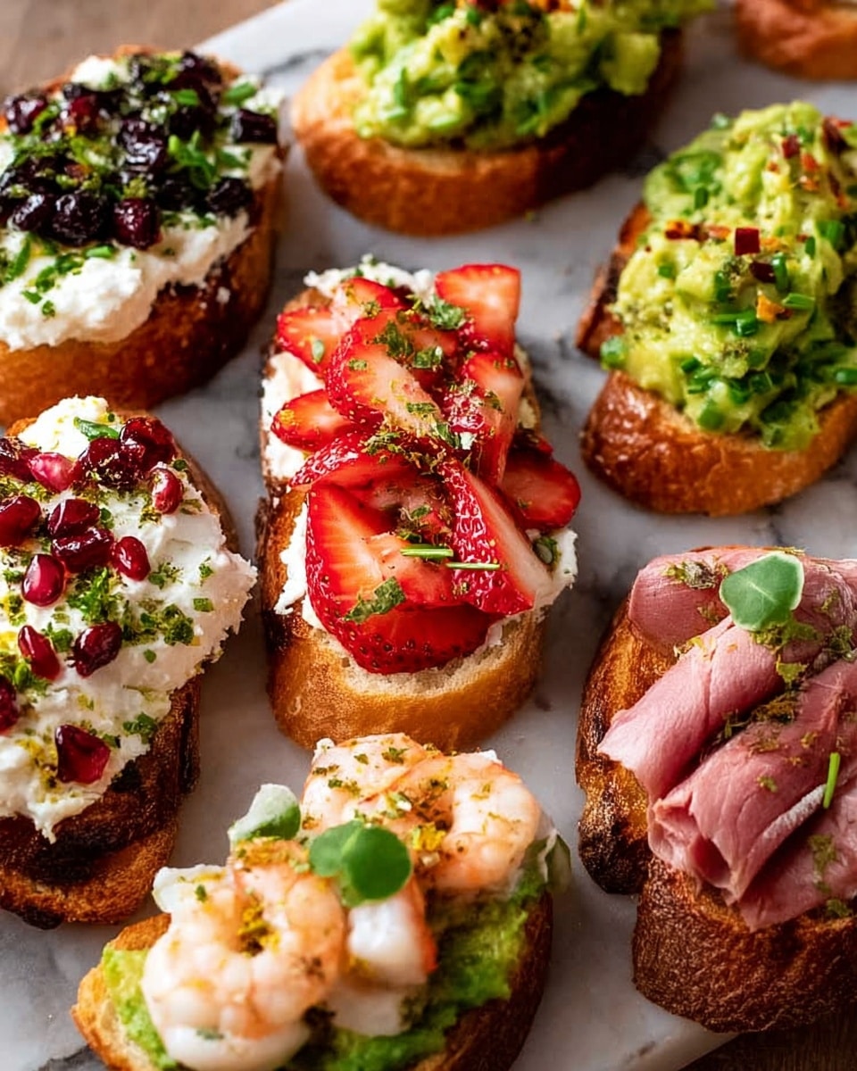 The image shows a collection of small toasted bread slices topped with different colorful toppings arranged on a round wooden board. One type has a thick white cream cheese layer topped with chopped dark green pistachios and dark red dried cranberries with slivers of almonds. Another variety features a bright green spread topped with chopped cooked shrimp mixed with red chili flakes and fresh herbs. There are also slices with a smooth white cheese spread layered with thin, folded slices of pink roast beef and a small garnish of dark green arugula. A few toasts have a thick white cheese base topped with bright red sliced strawberries and sprinkled with fresh green herbs. Another green spread slice is topped with diced shrimp mixed with red chili flakes and herbs. All the toasts sit on a wooden board with small flower garnishes around some pieces, and the entire scene is on a white marbled surface. photo taken with an iphone --ar 4:5 --v 7