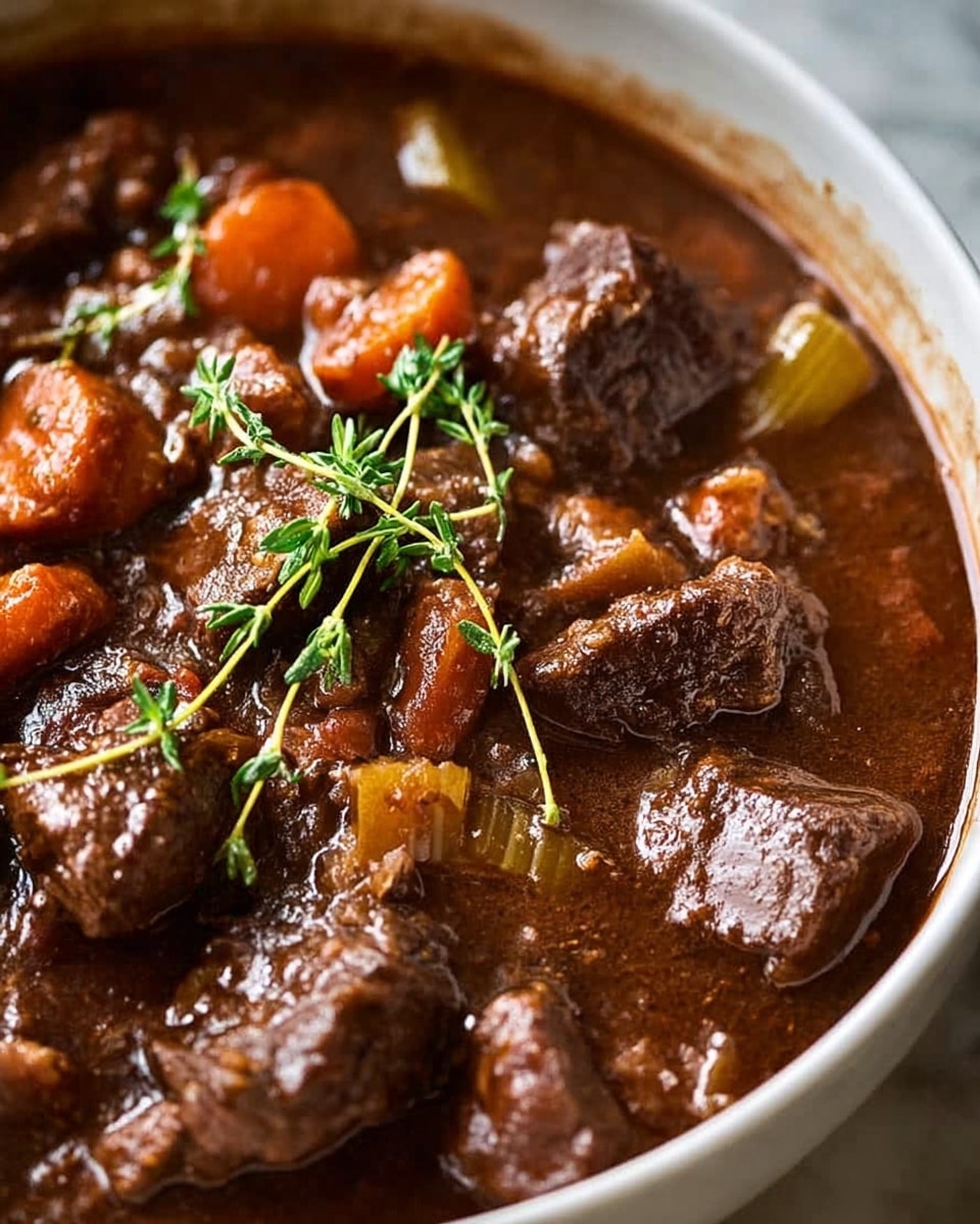 A close-up image of a white bowl filled with a thick beef stew, showing several dark brown chunks of tender meat layered with bright orange carrot slices and pale yellow celery pieces all mixed in a rich, glossy, dark brown sauce. On top, a sprig of fresh green thyme rests, adding a touch of color and freshness. The bowl sits on a white marbled surface, and the photo captures the detailed texture of the stew, highlighting the moist, hearty ingredients. photo taken with an iphone --ar 4:5 --v 7