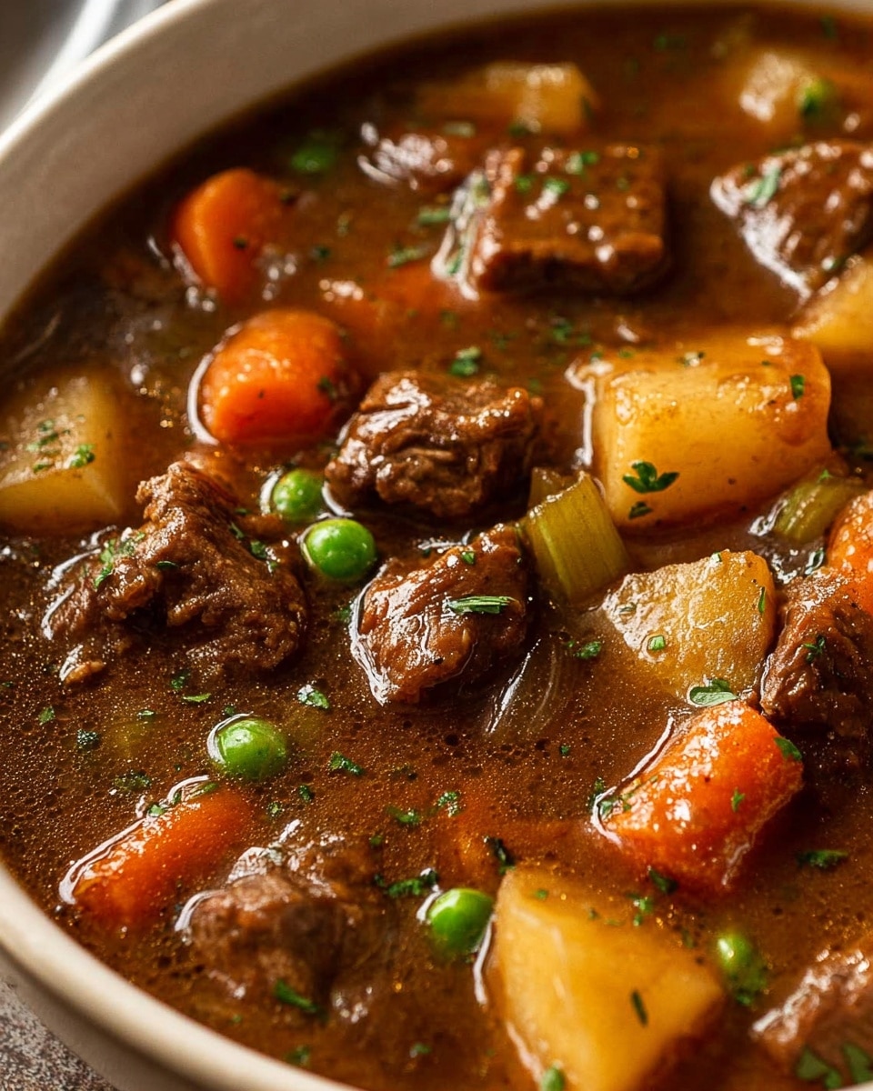 A white bowl filled with thick brown beef stew, showing chunky layers of tender beef pieces, bright orange carrot slices, green peas, light yellow potato cubes, and small bits of celery, all mixed in a rich, glossy brown broth, garnished with finely chopped green herbs scattered on top, with a silver spoon resting inside the bowl on a white marbled surface. Photo taken with an iphone --ar 4:5 --v 7