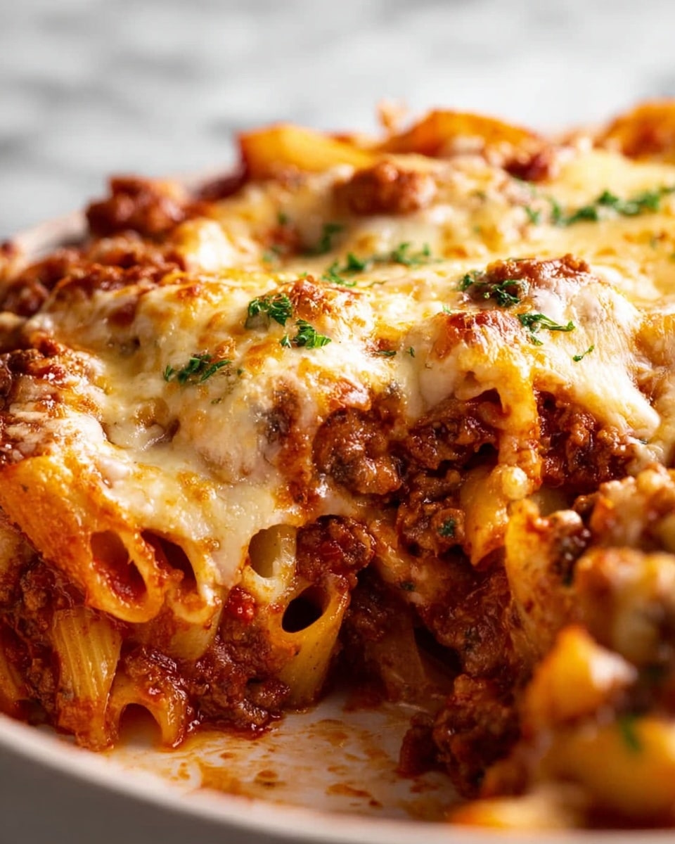 This close-up image shows a baked pasta dish with several layers. The bottom layer is made of tender pasta shells coated in red meat sauce with visible bits of ground meat and tomato. The middle layer includes a generous amount of melted, gooey mozzarella cheese that is slightly browned on top, with small flecks of green herbs scattered over. The pasta is mixed with sauce and cheese, creating a rich texture with soft, saucy pasta and stretchy cheese. The dish sits on a white marbled surface. photo taken with an iphone --ar 4:5 --v 7
