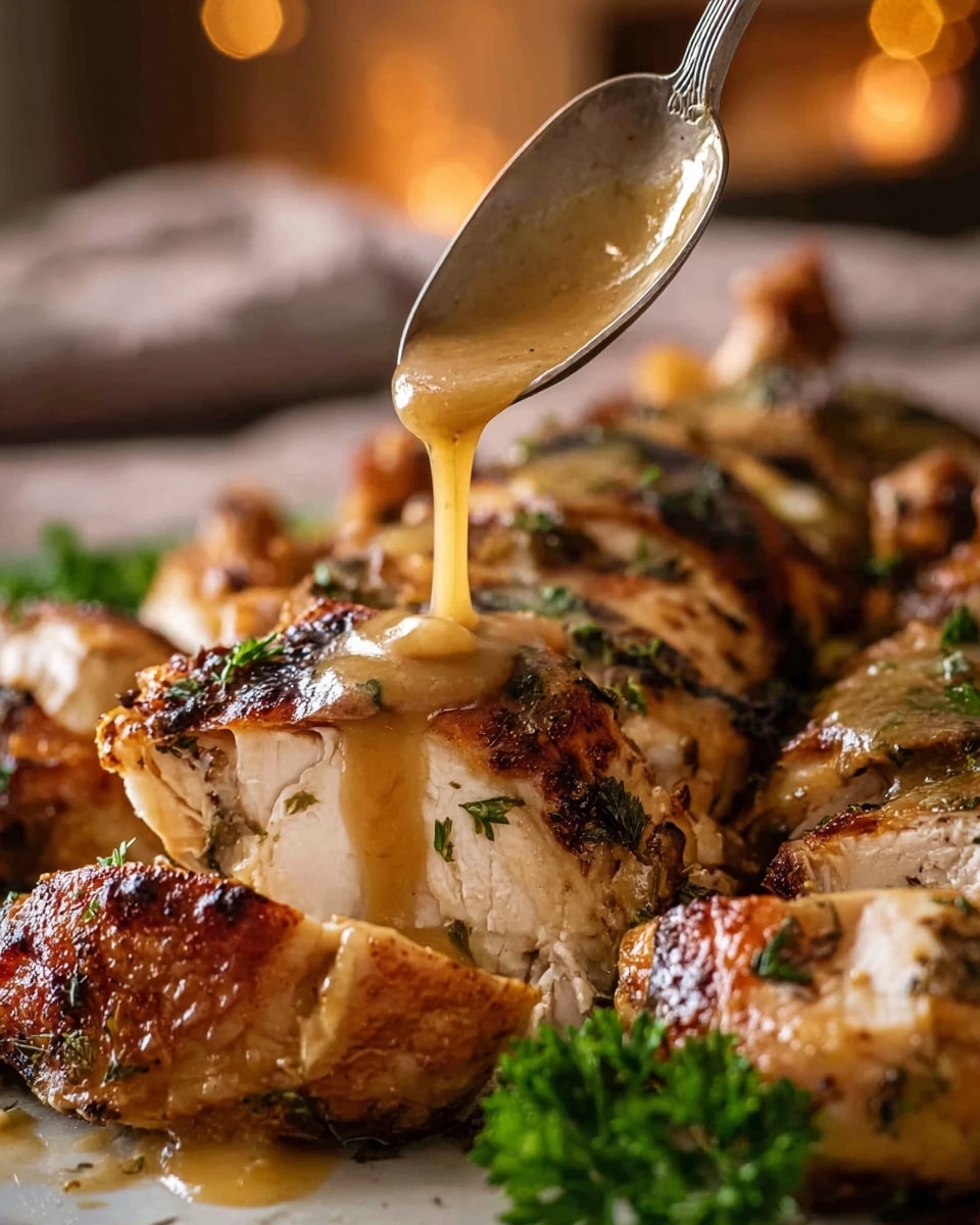 A close-up view of pieces of roasted chicken arranged in a pile, showing golden-brown crispy skin with a slightly charred texture and white tender inside. Light brown gravy sauce is being poured from a spoon over the chicken, creating a smooth glossy layer on top. Small green parsley leaves are scattered around and between the chicken pieces, adding fresh pops of color. The background is softly blurred with warm tones, and the surface beneath is a white marbled texture. photo taken with an iphone --ar 4:5 --v 7