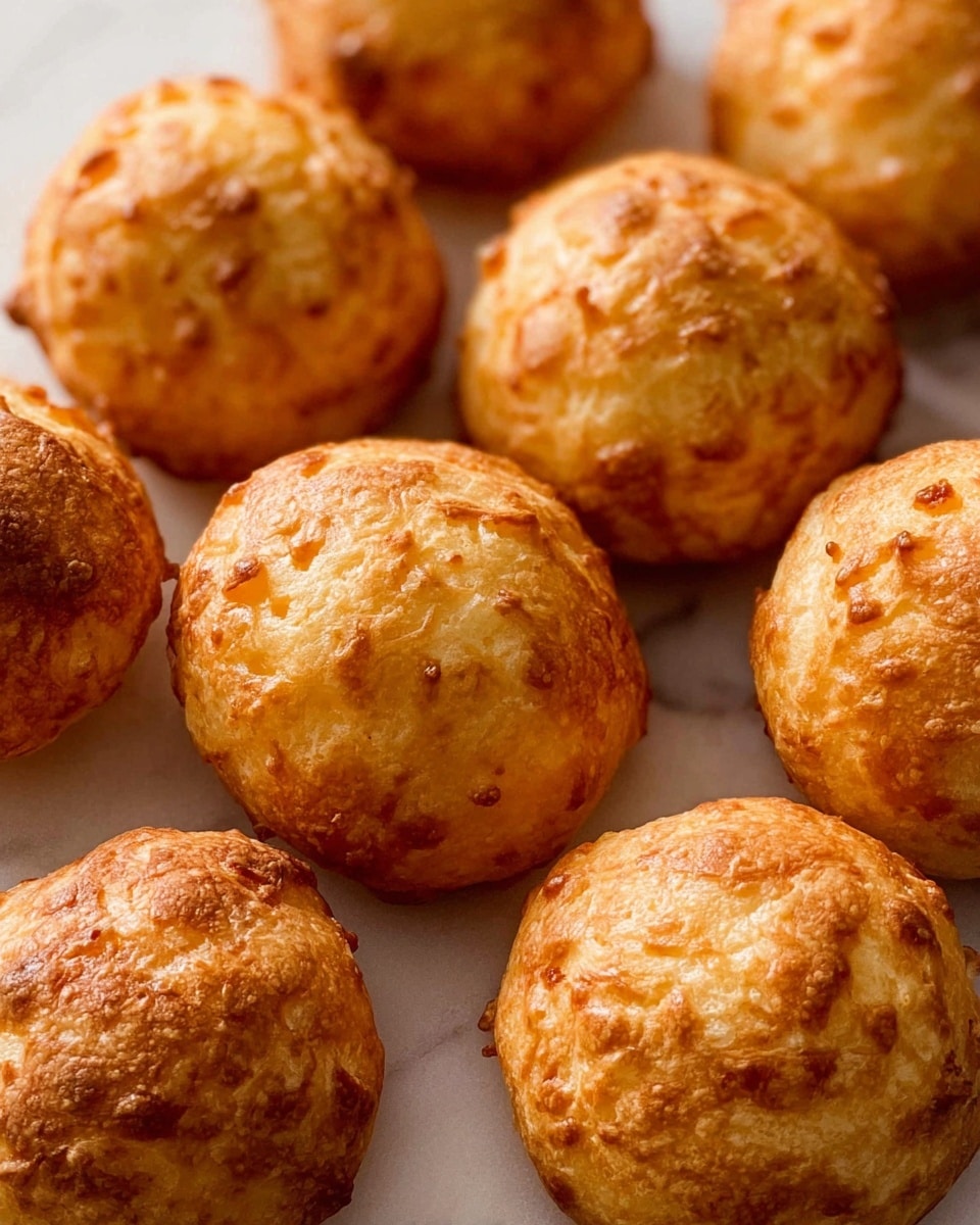 The image shows a close-up view of several round, golden-brown baked cheese puffs arranged closely together on a white marbled surface. Each puff has a slightly rough and airy texture with an uneven surface, indicating lightness and crispiness. Their color varies from a deeper golden brown on the raised parts to lighter yellowish tones in the crevices, highlighting the baked dough's fluffy interior. The puffs do not overlap, and the soft, baked texture is clearly visible, filling the entire frame with warm, inviting tones. Photo taken with an iphone --ar 4:5 --v 7