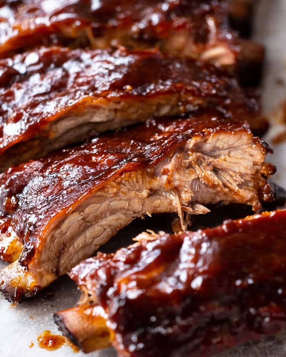 The image shows a close-up of several racks of barbeque ribs cooked to a glossy, dark brown with a thick glaze of sticky sauce covering the surface. The ribs are layered closely, showing a rough texture on the meat and a light pink tint inside where they have been sliced. The sauce looks shiny and wet, pooling around the ribs on a white marbled surface. The ribs have a slightly charred edge with visible layers of tender meat and fat. Photo taken with an iphone --ar 4:5 --v 7