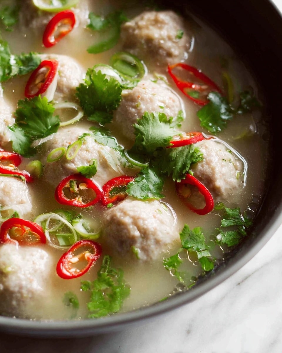 The image shows several light beige meatballs floating in a clear broth, garnished with thin slices of bright red chili peppers and small green herbs scattered over and between the meatballs. The meatballs have a soft, slightly uneven texture, and the broth surrounds them gently. Green herbs and chili slices add bright pops of color on the neutral-colored meatballs, making the dish look fresh. The scene is close up, focusing on the surface of the broth and meatballs. The dish is set on a white marbled texture. photo taken with an iphone --ar 4:5 --v 7