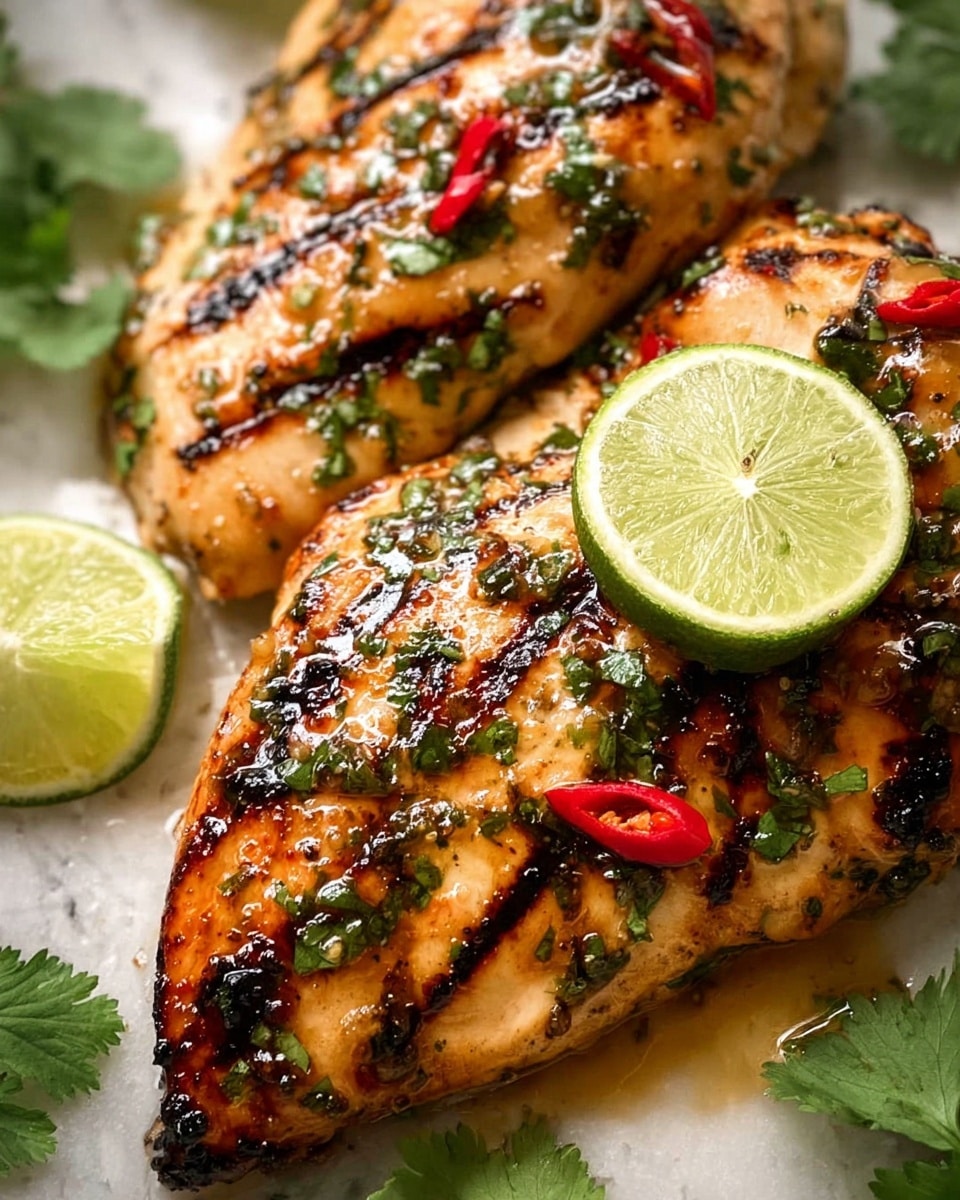 The image shows two pieces of grilled chicken with a golden-brown color, covered in small charred grill marks and sprinkled with finely chopped green herbs and tiny red chili pieces. Each chicken piece is topped with a thin, fresh green lime wedge placed on top near the center. The chicken rests on a creamy sauce with visible pepper flakes, surrounded by some fresh green cilantro leaves in the background. The dish is set on a surface with a white marbled texture. photo taken with an iphone --ar 4:5 --v 7
