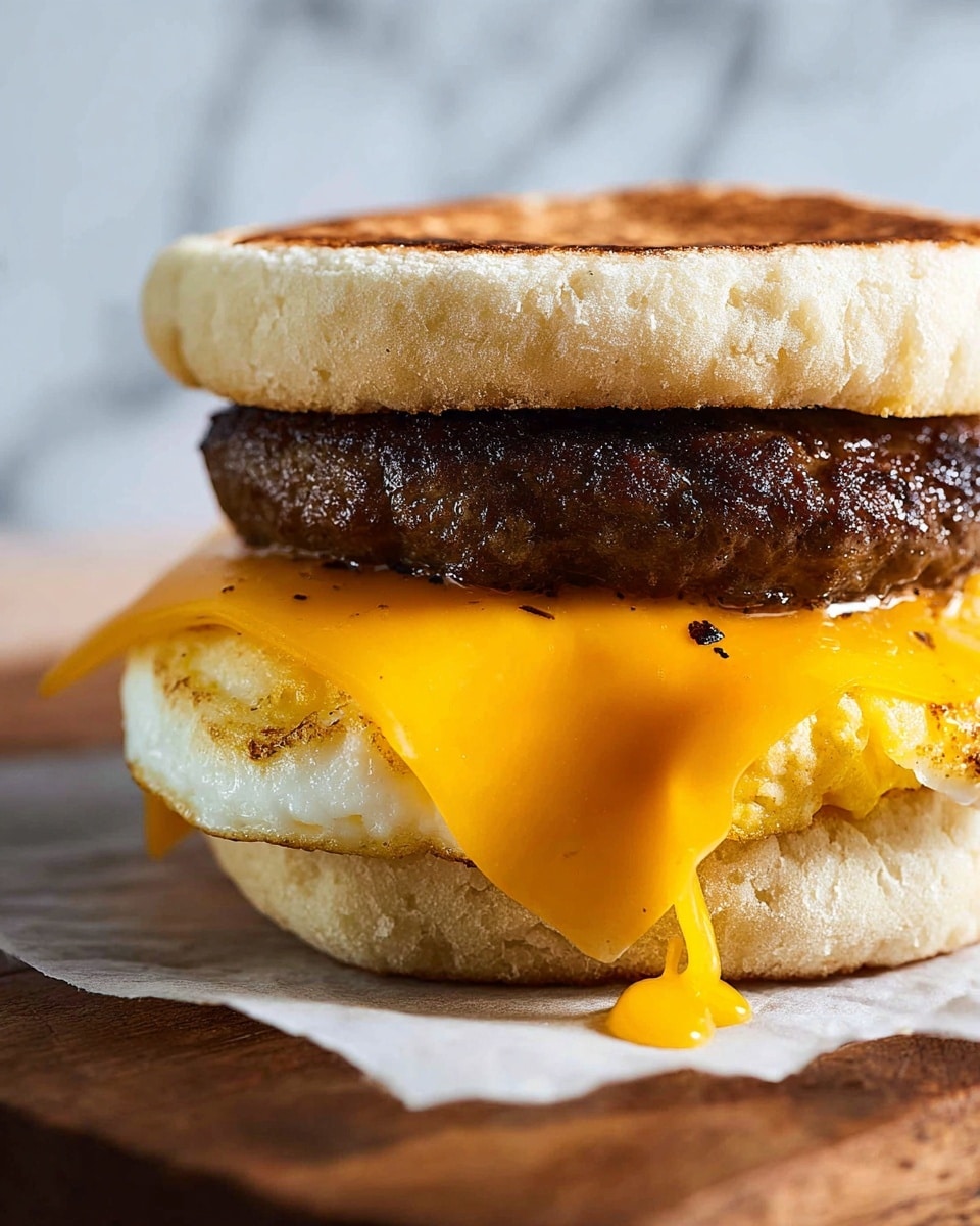 The image shows a close-up of a breakfast sandwich with four clear layers. The bottom layer is a toasted English muffin with a light golden-brown color and slightly crispy texture. On top of it is a thick slice of melted orange cheddar cheese melting down the sides. Above the cheese is a grilled sausage patty, dark brown with a slightly shiny, juicy surface. Next is a perfectly cooked egg, white with a bit of light browning and a gooey, runny yolk dripping down over the sausage. The sandwich is completed with the top half of the toasted English muffin, showing a grainy, toasted surface. The sandwich sits on white parchment paper on a dark rustic wooden board with a white marbled background. Photo taken with an iphone --ar 4:5 --v 7
