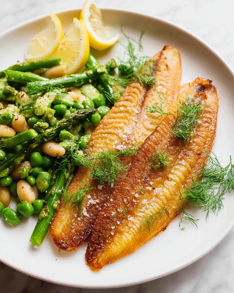 On a white plate over a white marbled surface, there are two golden brown cooked fish fillets placed side by side, sprinkled with coarse salt and topped with small green herb sprigs. To the right of the fillets, there is a mix of green asparagus pieces, light brown beans, and green peas, all garnished with fresh green herbs. On the left edge of the plate, there are a few small yellow lemon wedges. The overall look is fresh and inviting with warm and earthy colors. photo taken with an iphone --ar 4:5 --v 7