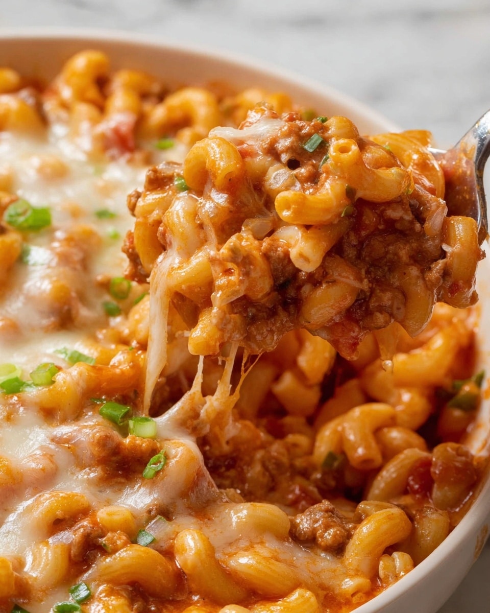 This close-up image shows a creamy pasta dish with three visible layers. The bottom layer is elbow macaroni pasta coated in a thick, orange-colored sauce with bits of ground meat and small pieces of carrot, giving it a chunky texture. The middle layer has melted white cheese that stretches and blends into the sauce, creating a gooey and rich look. The top layer is sprinkled with small pieces of fresh green chopped scallions, adding a pop of color. A metal spoon is scooping up some of the pasta from the dish, and the background is a white marbled surface. photo taken with an iphone --ar 4:5 --v 7