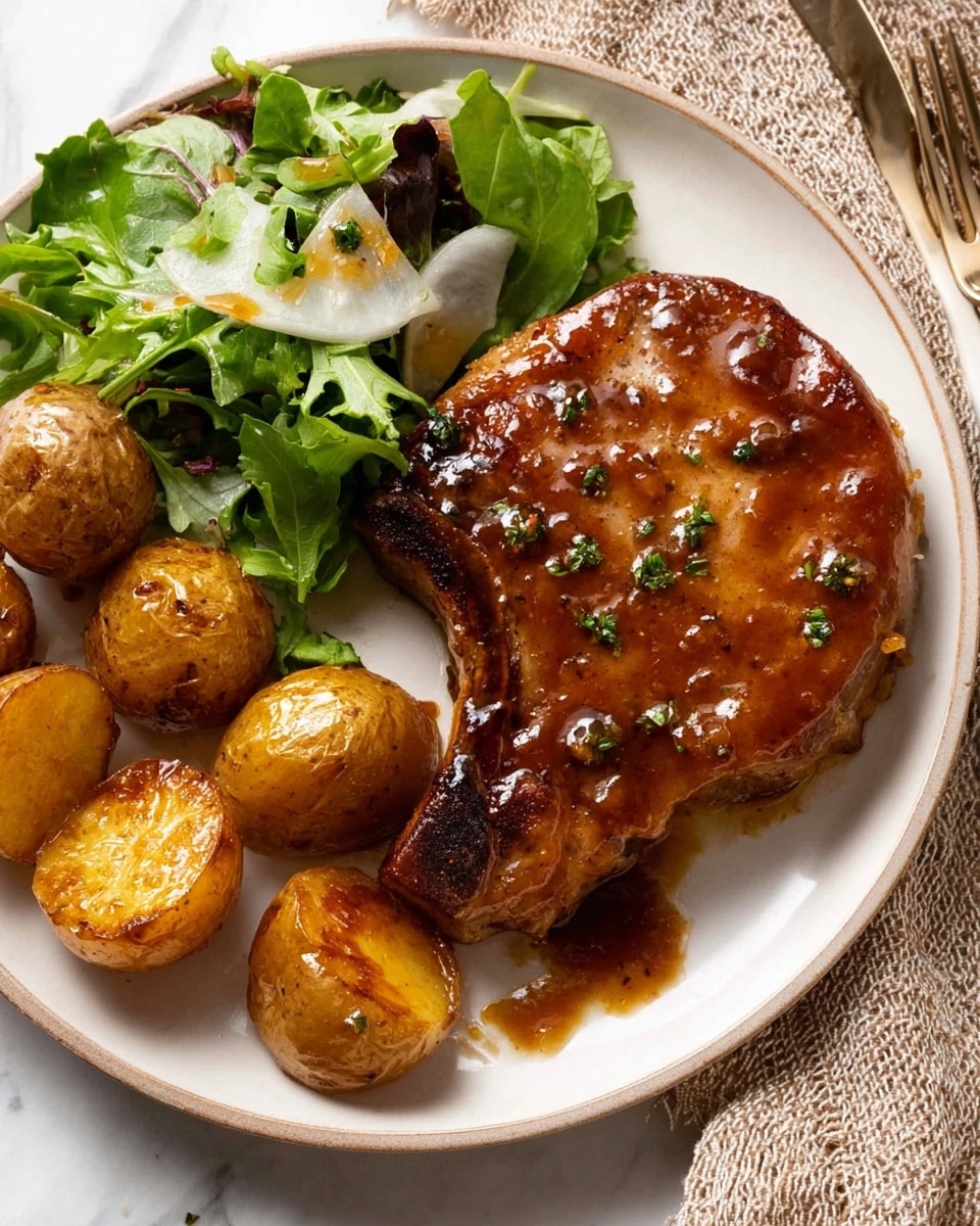 A white plate holds a shiny, glazed pork chop with a rich brown sauce, sprinkled lightly with green herbs, positioned on the right side. On the bottom left, there are golden-brown roasted baby potatoes, cut in halves and quarters, with a slightly crispy texture and a light coating of herbs and sauce. To the top left of the plate, fresh green arugula leaves with a few translucent white shavings of cheese are drizzled with a light brown dressing. The background shows a white marbled texture with a neutral cloth partially visible in the top right corner. photo taken with an iphone --ar 4:5 --v 7