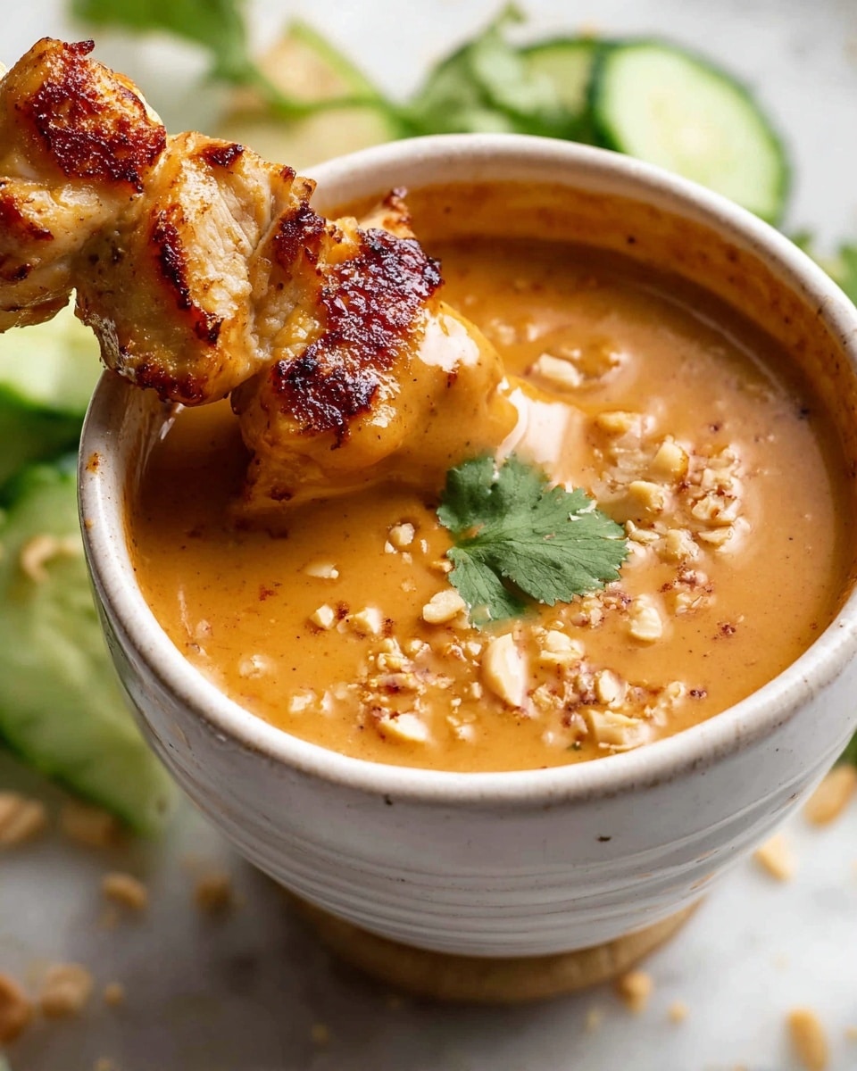 A close-up of a small white bowl filled with creamy light brown peanut sauce with a smooth texture, topped with small pieces of chopped peanuts and a green herb leaf. On the left side, a skewer with grilled golden-brown chicken pieces is dipping into the sauce, showing a crispy and juicy texture. Part of a sliced cucumber with crushed peanuts on top is visible on the bottom left corner, resting on a white marbled surface. There is a bright and soft natural light on the dish, making it look fresh and appetizing. photo taken with an iphone --ar 4:5 --v 7