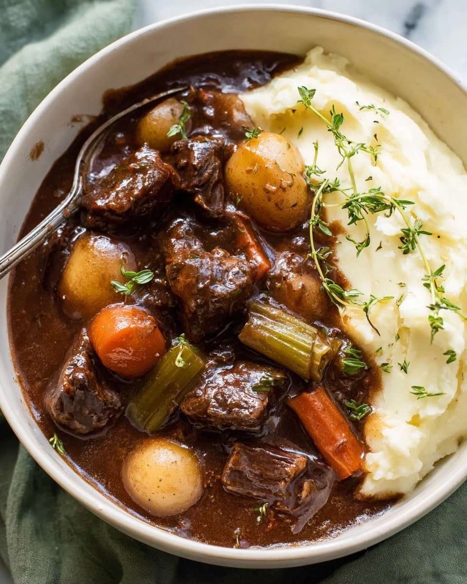 A white bowl holds a layered dish with smooth white mashed potatoes on one side, topped partially by a rich dark brown gravy filled with tender chunks of browned beef. Scattered within the gravy are small whole golden potatoes, orange carrot slices, and stalks of light green celery. Fresh green herb sprigs are placed on top, adding a fresh touch. A silver spoon rests inside the bowl, showing the thick texture of the dish. The bowl is placed on a soft green cloth, on a white marbled surface. photo taken with an iphone --ar 4:5 --v 7