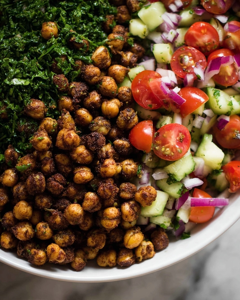 The dish shows a close-up of a bowl filled with three clear layers: on the left, finely chopped dark green parsley; in the middle, crispy roasted chickpeas with a dark brown, slightly rough texture; and on the right, a colorful salad of bright red cherry tomato halves, pale green cucumber cubes, and small pieces of purple-red onion, all mixed with small bits of green herbs. The bowl is white, and the background is a white marbled texture. photo taken with an iphone --ar 4:5 --v 7