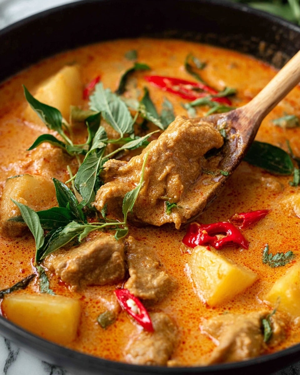 This image shows a creamy orange curry dish in a black bowl. There are chunks of light brown meat and light yellow potato pieces mixed in a thick, smooth orange sauce. Bright green fresh leaves and herbs, along with thin slices of red chili, are scattered on top. A wooden spoon is lifting a piece of the meat from the curry, showing its moist texture. The background is a white marbled texture. photo taken with an iphone --ar 4:5 --v 7