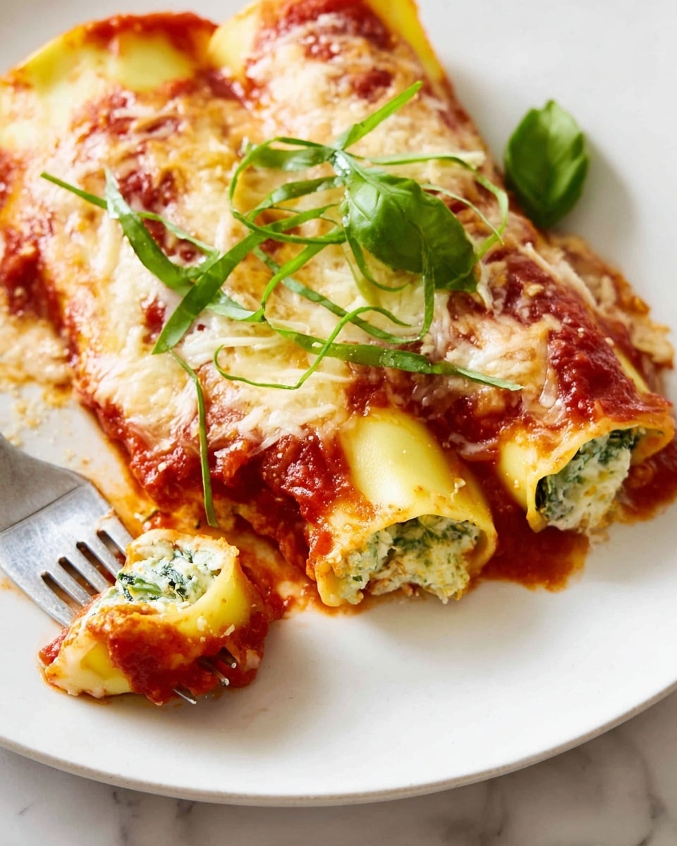 The image shows two rolled cannelloni pasta pieces on a white plate with a white marbled background. Each roll is filled with a creamy, green herb and cheese mixture visible at the cut ends, showing one thin pasta layer wrapped around the filling. The rolls are covered by a thick layer of melted yellowish-white cheese with slight browning, topped with bright red tomato sauce peeking through. Fresh green basil leaves and thinly sliced green herbs are scattered on top, adding color contrast. Sauce pools around the edges of the rolls, with a fork holding a small piece on the side. Photo taken with an iphone --ar 4:5 --v 7