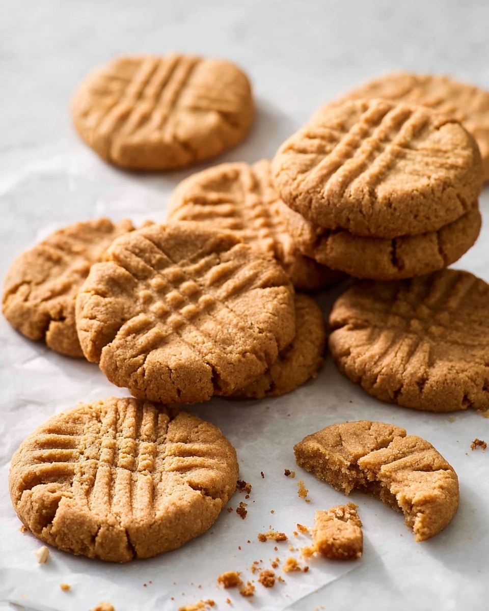 A group of round, golden-brown peanut butter cookies lie scattered on a white marbled surface, each cookie showing a classic crisscross fork pattern pressed into the top. The cookies have a slightly cracked texture, indicating a crisp outside and softer inside. One cookie is split in half, revealing its crumbly interior. The arrangement is casual with some cookies stacked slightly on top of each other and crumbs sprinkled around, adding a natural, homemade feel. photo taken with an iphone --ar 4:5 --v 7