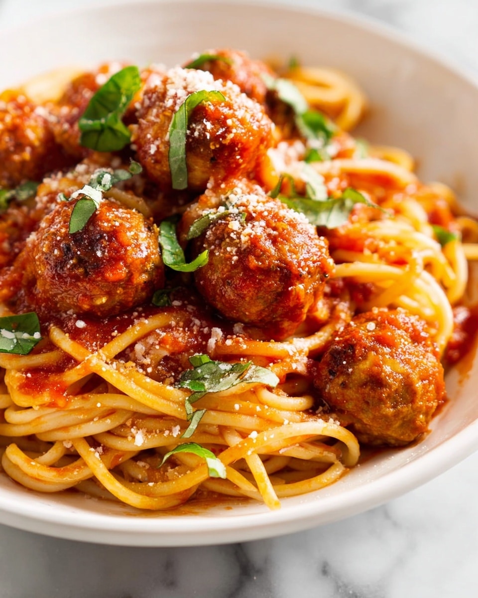 A close-up view of a plate filled with spaghetti and meatballs, where the spaghetti strands are light golden and covered in rich red tomato sauce, glistening with moisture. The meatballs are large, brownish with a slightly crispy texture, placed evenly among the noodles. Bright green torn basil leaves are scattered on top, adding color contrast, and finely grated white cheese is sprinkled over the meatballs and pasta. The plate is white ceramic with a slightly rough texture, and the background is a white marbled surface. photo taken with an iphone --ar 4:5 --v 7