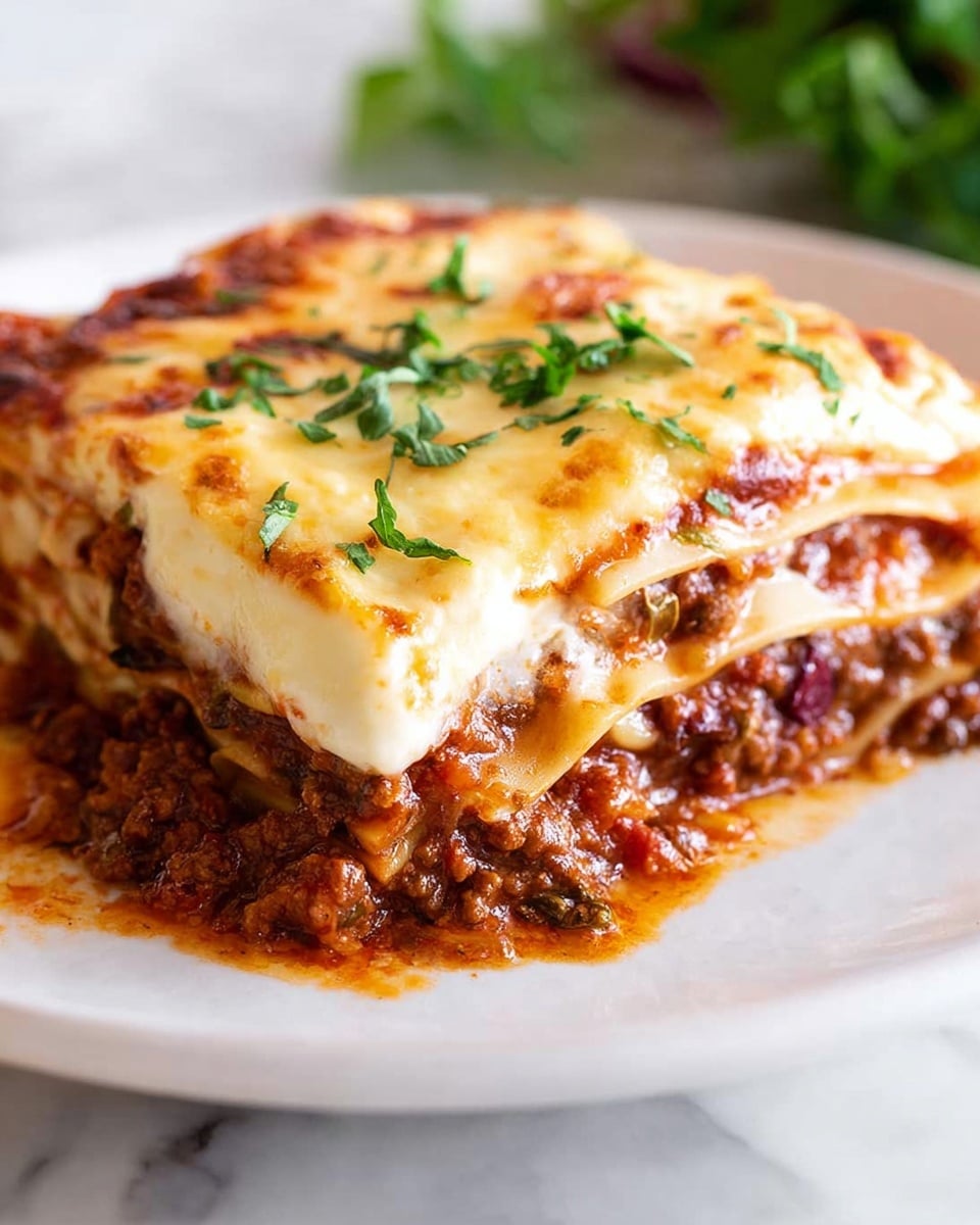 A close-up of a slice of lasagna on a white plate, showing four visible layers: a top layer of golden-brown melted cheese with a slightly crispy texture, underneath a smooth creamy white sauce layer, followed by a thick layer of dark brown cooked ground meat mixed with sauce, and at the bottom, a thin pasta sheet with some sauce spilling over the edge; some green garnish is blurred in the background, and the scene is set on a white marbled surface. photo taken with an iphone --ar 4:5 --v 7