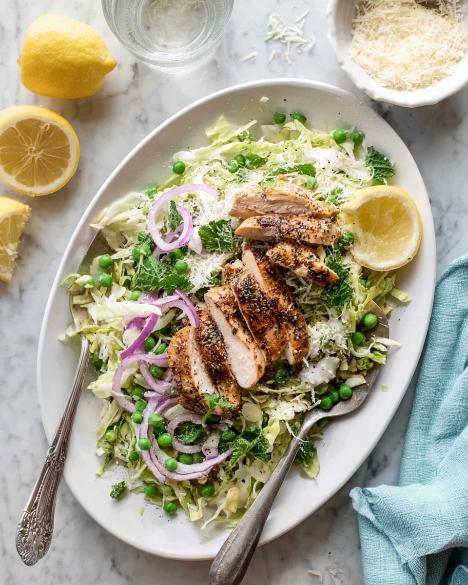 The image shows a white oval plate with a layered salad. The bottom layer is shredded light green cabbage mixed with green peas and thin slices of purple onion, topped with fresh green herbs. On top of the salad are slices of grilled chicken with a light brown char and visible black pepper seasoning. Two lemon wedges are placed on the side of the plate. A silver spoon and fork rest on the right edge of the plate. The plate sits on a white marbled surface with a halved lemon and a light blue cloth nearby. A small white bowl with grated cheese is seen above the plate, along with a glass of water in the background. Photo taken with an iphone --ar 4:5 --v 7