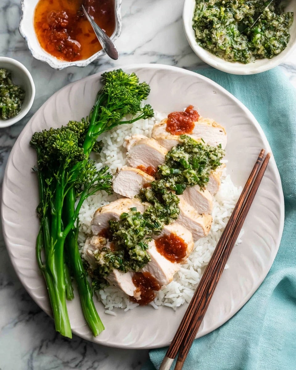 On a white plate, there is a base layer of fluffy white rice covering the bottom half. On top of the rice, there are several slices of light pink cooked chicken breast arranged in a fan shape. The chicken is topped with two sauces: a chunky green sauce with visible herbs and peas, and a smooth red sauce with a rich texture. To the right side of the plate, there is a bundle of bright green broccolini with small florets and tender stems. Near the top of the image, there are two white bowls placed on a white marbled surface, one filled with the green sauce and the other with the red sauce. A pair of wooden chopsticks rest on the plate, crossing slightly over the chicken. A light blue cloth is partially visible at the bottom left corner of the image. photo taken with an iphone --ar 4:5 --v 7