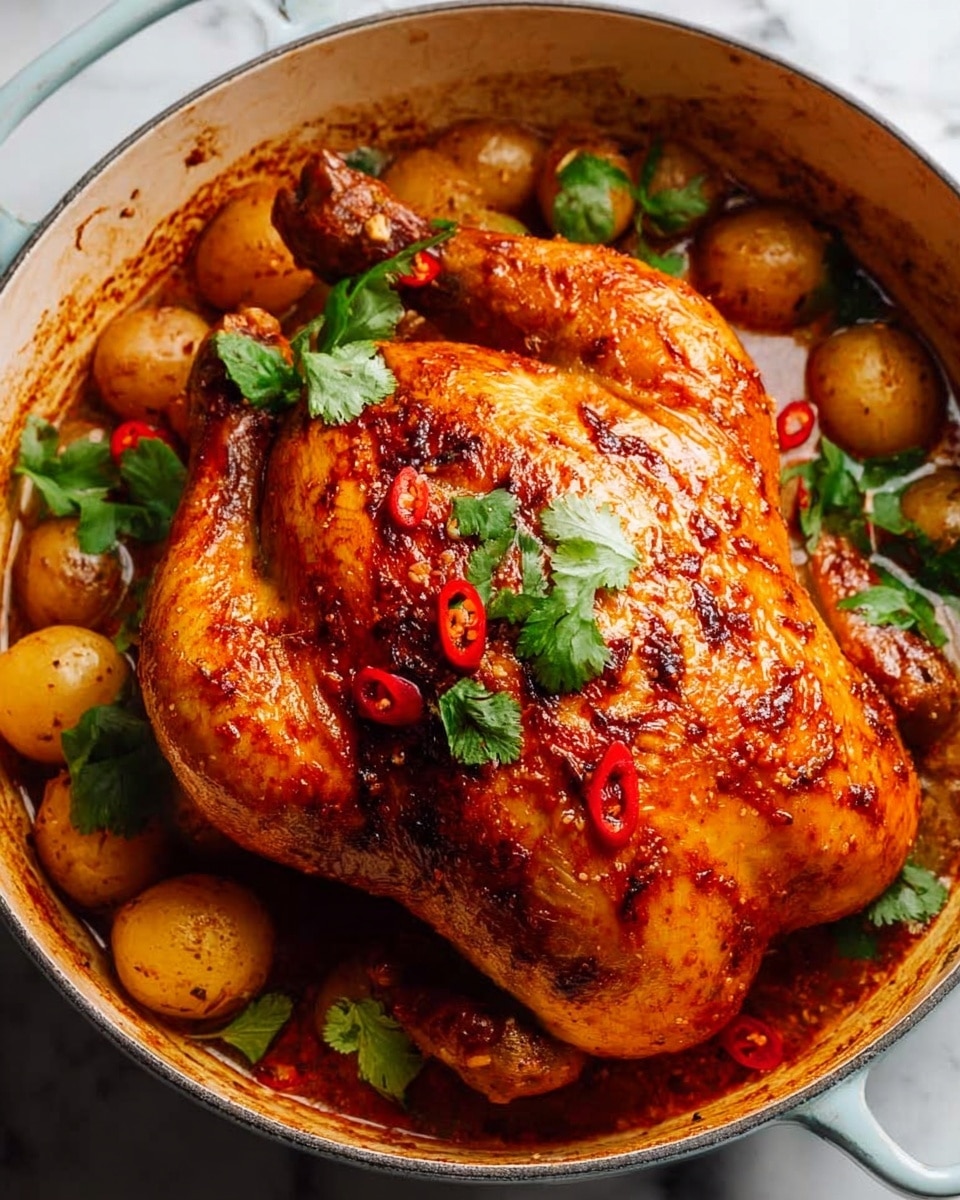 A whole roasted chicken with golden-brown crispy skin sits in a white pot, covered with a light layer of reddish sauce. The chicken is garnished with small bright red chili slices and fresh green cilantro leaves scattered on top and around it. Surrounding the chicken, small round potatoes peek from the reddish sauce, which pools at the bottom of the pot. Fresh green basil leaves are placed behind the chicken, adding a touch of color contrast. The white pot has a rustic look and is set against a white marbled surface. photo taken with an iphone --ar 4:5 --v 7