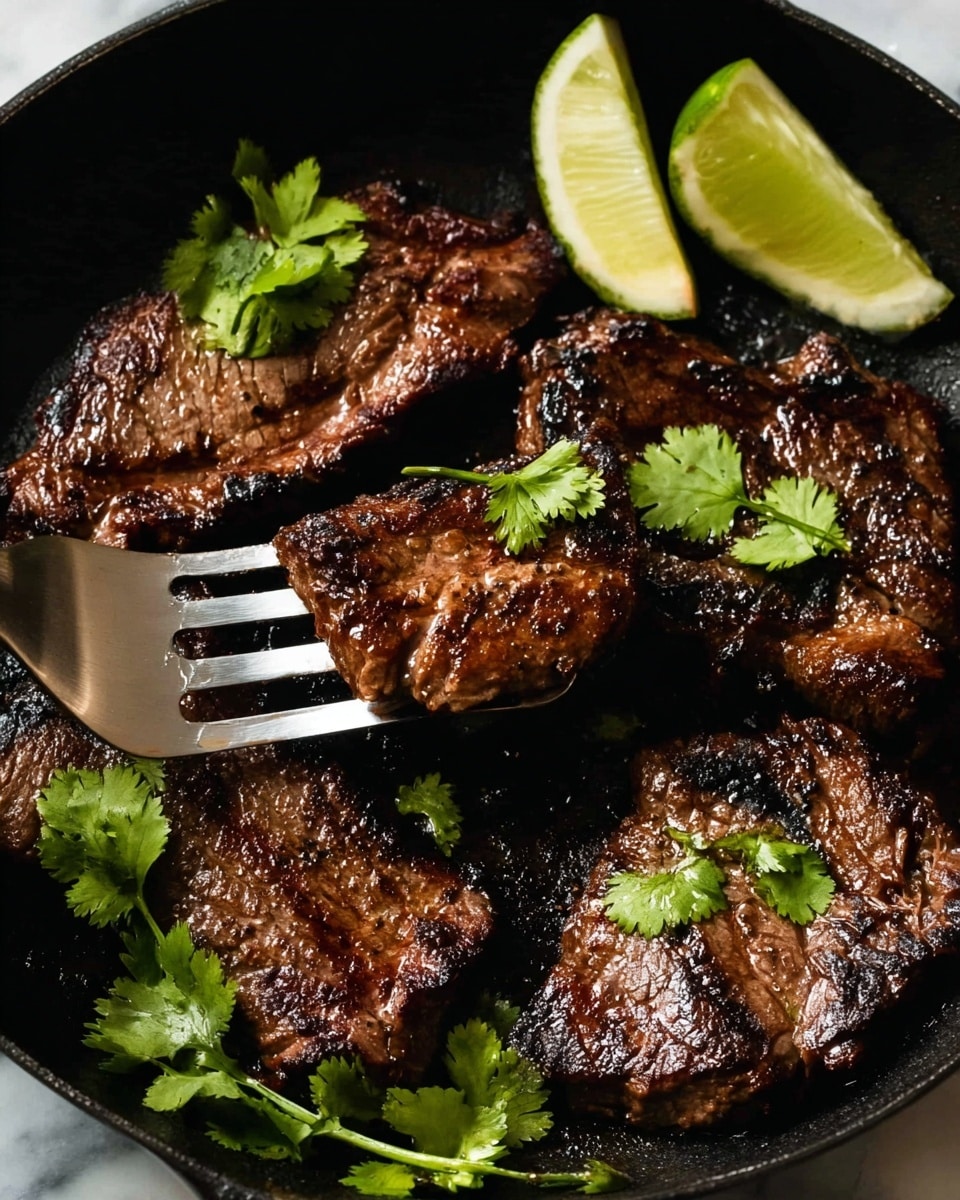 The image shows a black pan with four cooked pieces of grilled meat that have a dark brown, slightly shiny surface with charred edges. Three pieces lie flat in the pan, while one piece is lifted by a metal spatula with a beige handle. There are sprigs of bright green cilantro placed on top of the meat pieces, adding a fresh color contrast. Two lime wedges, light green with white inner rind, rest on the top right side of the pan. The background is a white marbled texture. Photo taken with an iphone --ar 4:5 --v 7