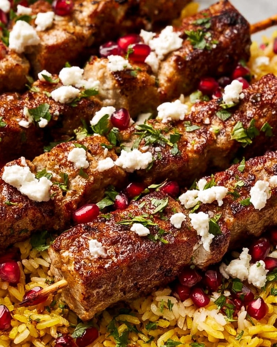 The image shows several browned grilled meat skewers, layered on top of each other, with a slightly crispy texture and light grill marks. The skewers are sprinkled with small white crumbles of cheese and fresh green herb pieces. Below and around the skewers, there is a layer of yellow rice mixed with bright red pomegranate seeds and more chopped green herbs, providing a colorful contrast. The whole dish is placed on a white surface with a marbled texture. Photo taken with an iphone --ar 4:5 --v 7