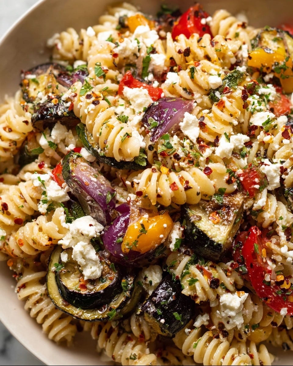 The image shows a close-up of a pasta dish with three main layers visible: the first layer is curly rotini pasta in a light yellow color, coated lightly with herbs and oil, spreading throughout the dish. The second layer includes grilled vegetables such as dark green, slightly charred broccoli, slices of browned eggplant with visible skin, and red and orange bell pepper pieces, placed among the pasta. The third layer is crumbled white cheese scattered on top, along with bright green chopped parsley, giving a fresh look. The dish has a mix of textures with the soft pasta, crisp vegetables, and crumbly cheese, all sitting on a white bowl against a white marbled surface. photo taken with an iphone --ar 4:5 --v 7