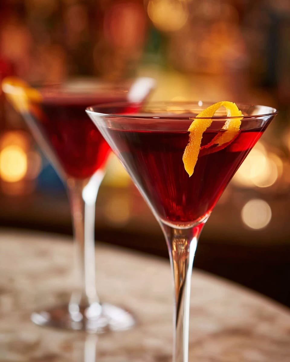 Two clear martini glasses filled with a dark red liquid are shown, both garnished with a thin orange peel twisted over the rim. The drink has a smooth, glossy surface and the glasses have long, thin stems. The glasses sit on a surface with a white marbled texture, and the background is softly lit with warm, blurred lights creating a cozy, inviting atmosphere. photo taken with an iphone --ar 4:5 --v 7