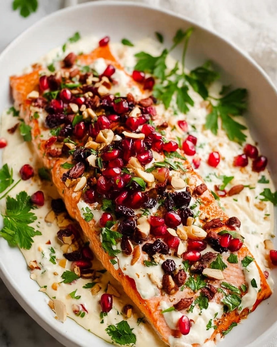 A close-up view of a cooked salmon fillet as the base layer, showing a shiny, slightly browned orange surface on a white, marbled textured surface. The second layer on top is a thick spread of white creamy sauce with green herbs mixed in. Scattered over the sauce in the third layer are small, dark raisins and light brown slivered almonds, creating a crunchy texture. The final layer adds bright red pomegranate seeds and fresh green parsley leaves spread evenly across the top, giving a fresh and colorful look. The edges show a drizzle of yellow-orange oil around the salmon. photo taken with an iphone --ar 4:5 --v 7