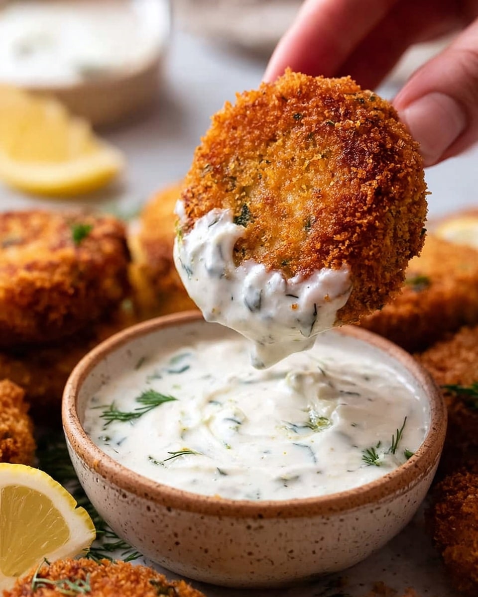 A close-up image of a crispy, golden brown fried patty being dipped into a small round bowl filled with thick white sauce that has green herb flecks. The patty’s texture is crunchy and crumbly, and the sauce clings to the patty as it is lifted by a woman's hand from the bowl. There are more patties in the background with some green herbs and slices of yellow lemon visible on a white marbled surface. Photo taken with an iphone --ar 4:5 --v 7