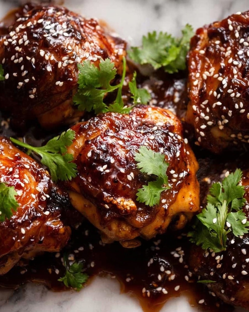 The image shows several golden-brown cooked chicken pieces covered in a shiny, dark reddish-brown sauce. White sesame seeds are sprinkled on top, adding texture and contrast. Fresh green cilantro leaves are scattered over the chicken, giving a pop of bright green color. The rich sauce appears thick and slightly glossy, pooling around the chicken with visible soft cooked onions or mushrooms underneath. The close-up view highlights the juicy and glazed surface of the chicken with natural lighting that enhances the warm colors, all set on a white marbled texture background. photo taken with an iphone --ar 4:5 --v 7