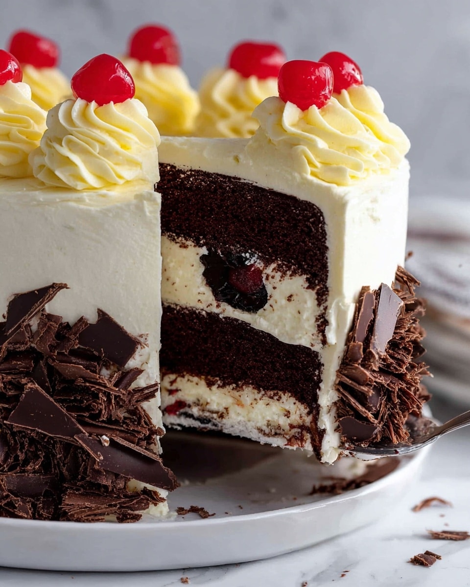A slice of cake being lifted from a round white plate on a white marbled surface. The cake has two thick, dark brown chocolate layers with a creamy white filling that contains dark cherry pieces in between. The outside of the cake is covered with smooth white frosting. On top of the cake, there are light yellow swirls of cream, each topped with a bright red cherry. Around the base of the cake, there are dark chocolate shavings spread unevenly. Photo taken with an iphone --ar 4:5 --v 7