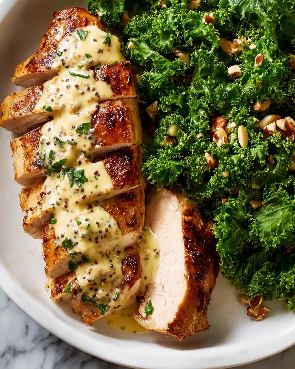 The image shows two pieces of roasted chicken breast, one whole and one sliced into six pieces, both topped with a creamy mustard sauce that has visible herbs and grainy mustard seeds, with the sauce draping smoothly over the meat's golden brown and slightly crispy skin. On either side of the chicken, there is a generous amount of fresh, curly kale, deep green in color, sprinkled with small pieces of chopped nuts for texture. The food is all placed on a white plate that rests on a white marbled surface, creating a clean and bright background. photo taken with an iphone --ar 4:5 --v 7