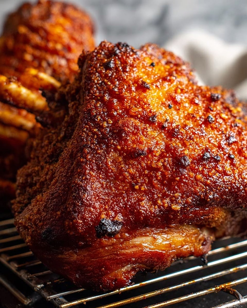 Close-up of two large roasted pork knuckles with crispy golden-brown skin covered in small bumps and crackles. The meat beneath has a textured, darker brown appearance, and the knuckles have bones sticking out at the top. They rest on a black wire rack, with soft light highlighting the crunchiness and rich color of the skin. The background is slightly blurred with a white marbled texture. Photo taken with an iphone --ar 4:5 --v 7