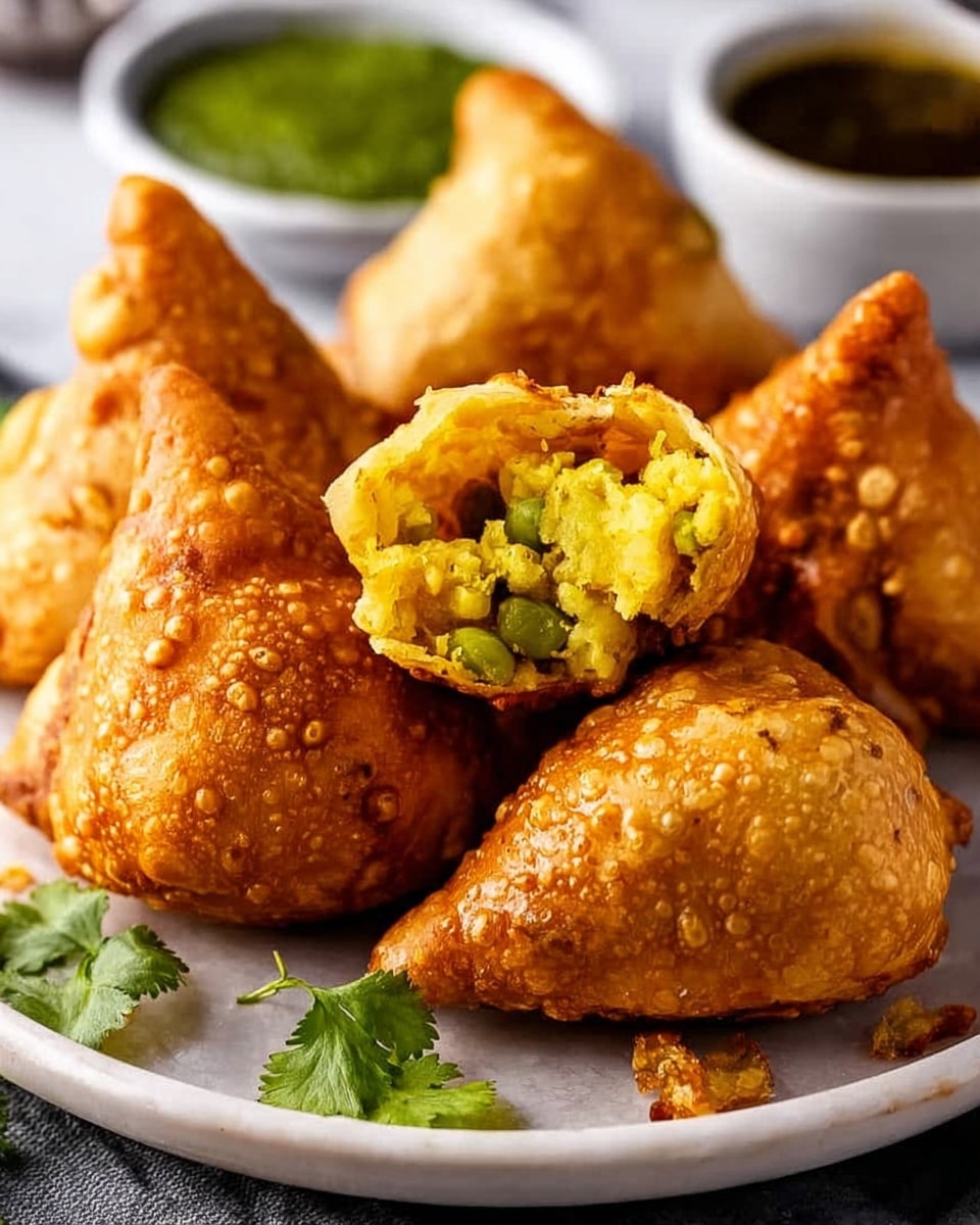 Four golden-brown, triangular samosas are placed on a white plate, each showing a crisp, textured surface with small air bubbles and cooked spots. One samosa is broken open at the front, revealing a filling made of soft, yellow potatoes mixed with green peas and small bits of seasoning. Small crumbs from the broken samosa are scattered on the plate. In the top right corner of the plate, there is a small white bowl holding dark brown tamarind chutney with a slightly glossy appearance and a dollop of green chutney on top. The plate rests on a white marbled surface with a faint pattern. photo taken with an iphone --ar 4:5 --v 7