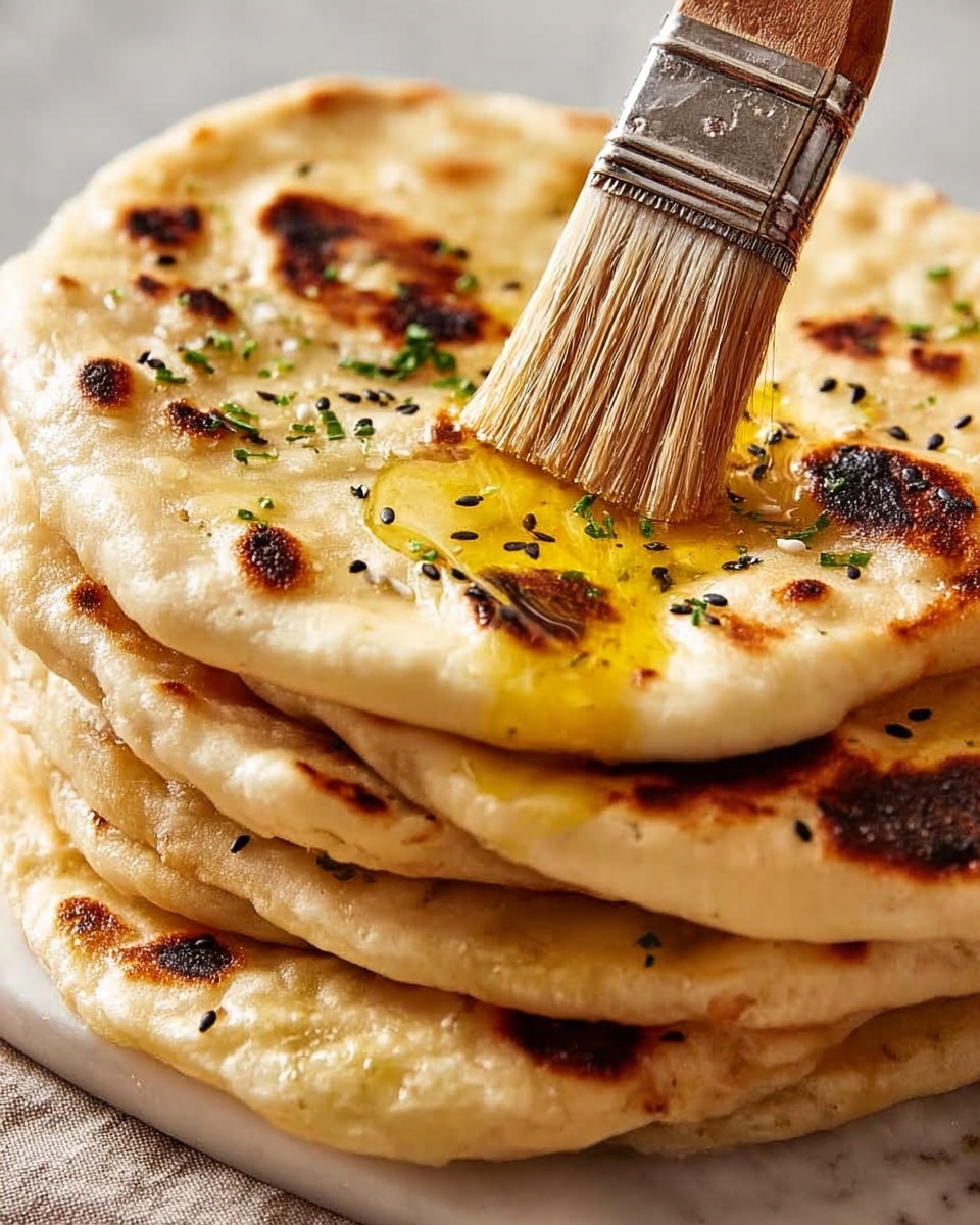 A thick stack of golden brown flatbreads with some darker charred spots on each layer, showing soft and fluffy texture. The top flatbread is being brushed gently with melted butter by a brush with natural bristles, glistening and spreading smoothly. Small green herb bits and black seeds are sprinkled on the top flatbread, adding color and texture contrast. The stack is placed on a white marbled surface. photo taken with an iphone --ar 4:5 --v 7