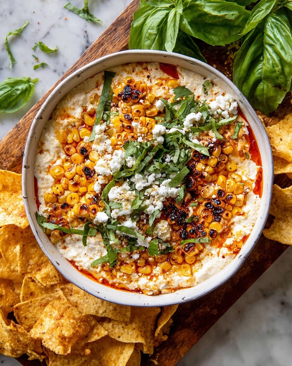 A white bowl filled with a layered dish starting with a creamy white base, topped with chunks of grilled corn showing charred dark brown spots, and drizzled with a bright orange-red sauce. Scattered across the top are fresh green cilantro leaves and crumbled white cheese, adding texture and color contrast. The bowl sits on a wooden board with crispy golden tortilla chips sprinkled with salt nearby. The background is a white marbled texture. Photo taken with an iphone --ar 4:5 --v 7