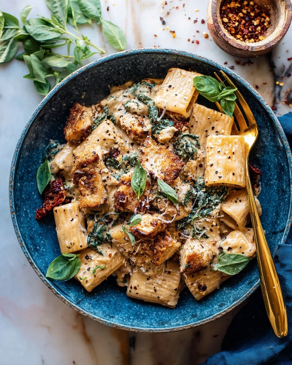 A blue bowl filled with creamy pasta and fried chicken pieces is placed on a white marbled surface. The pasta is rigatoni, coated in a light beige creamy sauce with black specks, mixed with wilted dark green spinach and bits of sun-dried tomatoes. On top, there are several golden-brown crispy chicken pieces and a sprinkling of grated white cheese. Fresh green basil leaves are scattered for garnish. A gold fork and spoon rest inside the bowl on the right side. Near the bowl, there is a small rustic container with crushed red pepper flakes and some loose leaves around it. Photo taken with an iphone --ar 4:5 --v 7