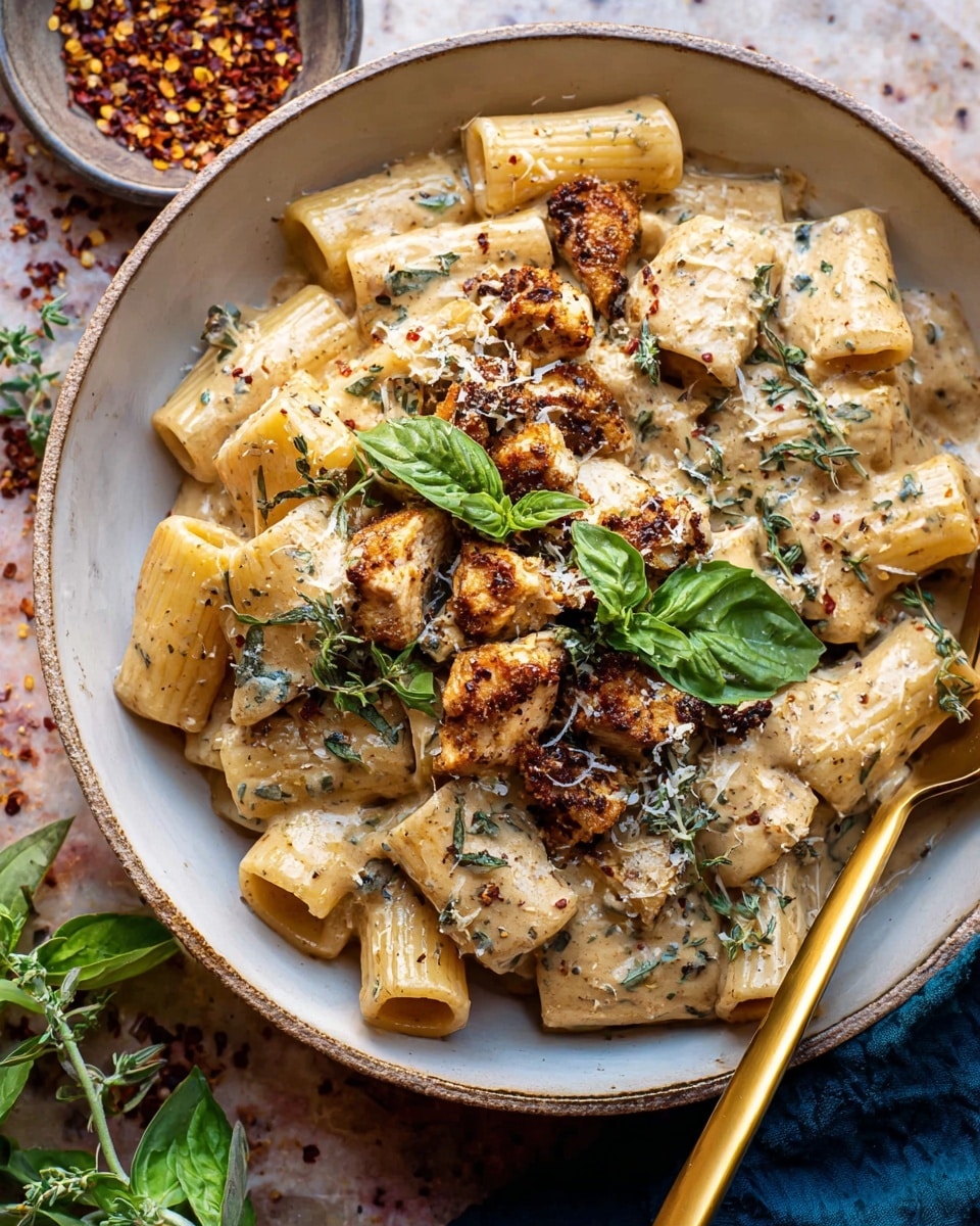 A deep white bowl filled with three layers of creamy pasta: the bottom layer is rigatoni pasta coated in a creamy, beige sauce speckled with herbs; the middle layer features pieces of golden-brown crispy chicken scattered across the pasta; the top layer includes fresh green basil leaves and a light dusting of grated cheese. A gold fork and spoon rest on the bowl’s edge, and the bowl sits on a white marbled surface with some crushed red pepper flakes and fresh basil leaves scattered around. Photo taken with an iphone --ar 4:5 --v 7