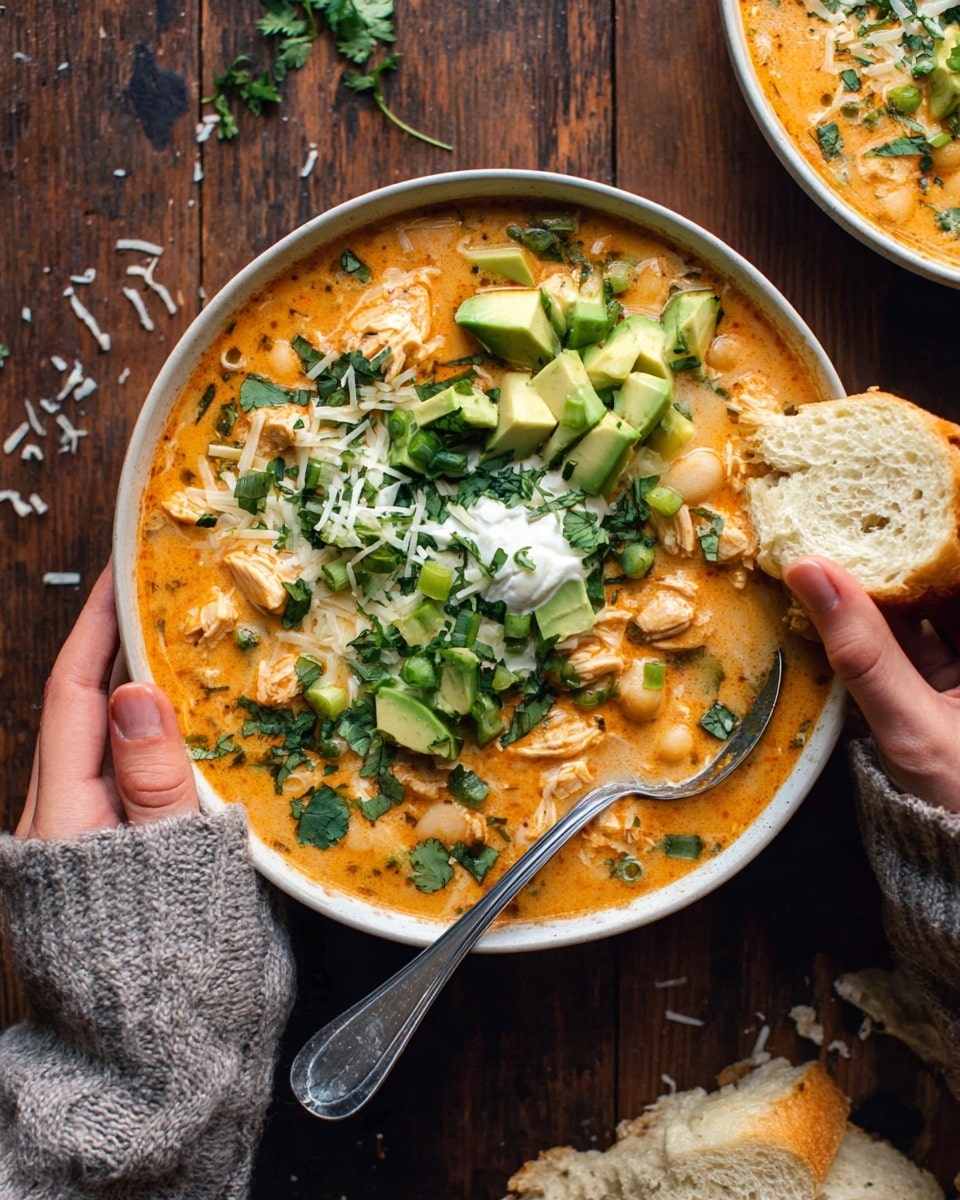 A white bowl filled with a creamy, light orange soup base that shows chunks of chicken and beans. On top, there are three layers of toppings: pale yellow shredded cheese and white sour cream in the center, bright green chopped scallions and cilantro scattered generously around, and chunky pieces of green avocado placed near the edge. A spoon rests inside the bowl on the left side. The bowl is being held by a woman’s hand in a cozy cream sweater, and another woman’s hand is peeling a piece of fluffy cornbread from the side. The whole scene is set on a wooden table with a few crumbs scattered around. photo taken with an iphone --ar 4:5 --v 7