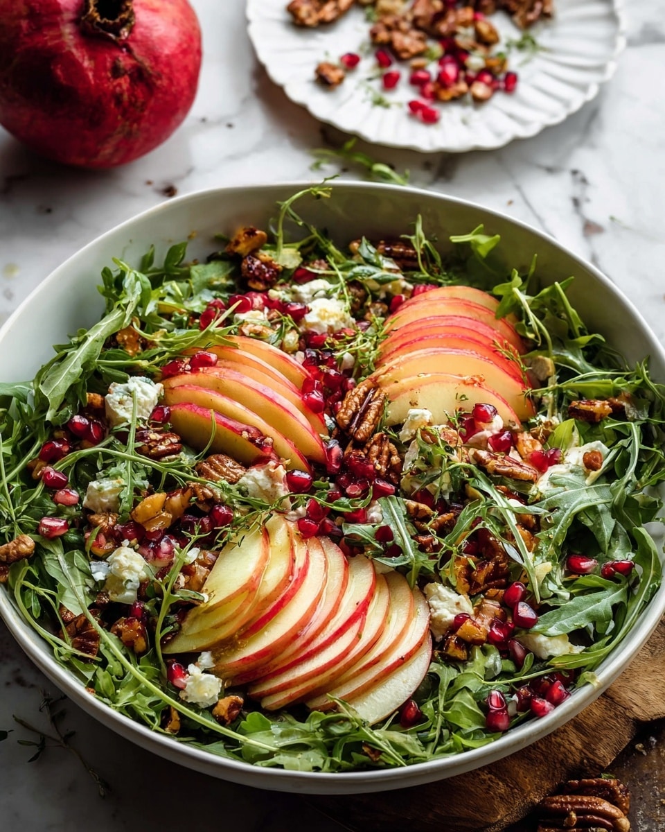 The dish is a fresh salad in a white bowl on a white marbled surface. The bottom layer is a bed of dark green arugula leaves spread evenly. On top of that are thin slices of red and yellow apples arranged in small bundles around the bowl. Scattered among the leaves and apples are deep red pomegranate seeds and small white crumbles of a soft cheese. There are also clusters of toasted nuts or seeds with a shiny glaze, adding a golden brown color. Around the salad are small pieces of dried fruit with a dark orange-brown tone. In the background, a white plate holds a cut-open pomegranate with bright red seeds inside. photo taken with an iphone --ar 4:5 --v 7