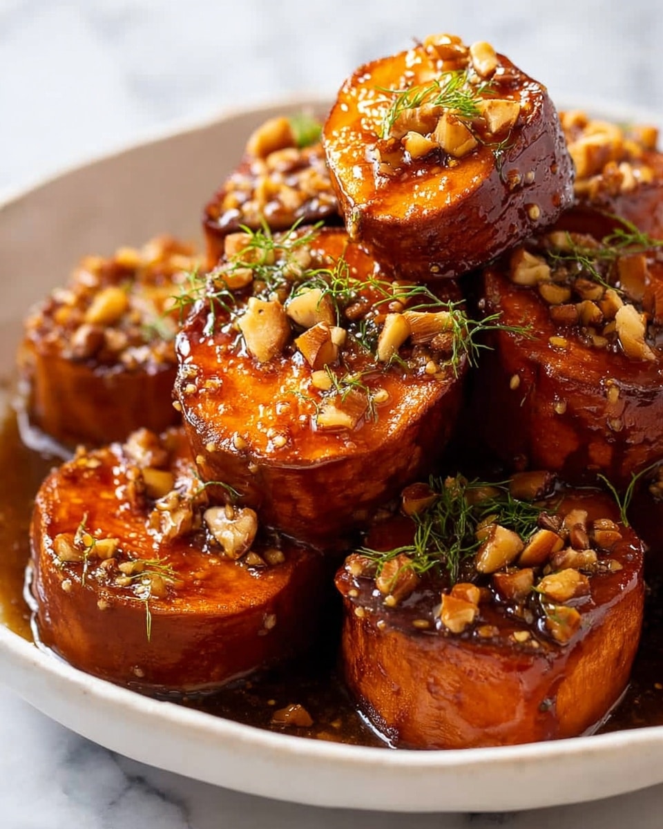 A close-up image of several round slices of roasted sweet potato piled on a white plate, each slice showing a crispy brown outer layer and a vivid orange soft inside. The sweet potato slices are topped with a shiny, thick glaze mixed with small pieces of chopped nuts and fresh green thyme leaves, giving a textured look. The glaze drips slightly down the sides, adding a glossy, sticky appearance to the pile. The background shows a blurred jar with similar glaze, all set on a white marbled surface. Photo taken with an iphone --ar 4:5 --v 7