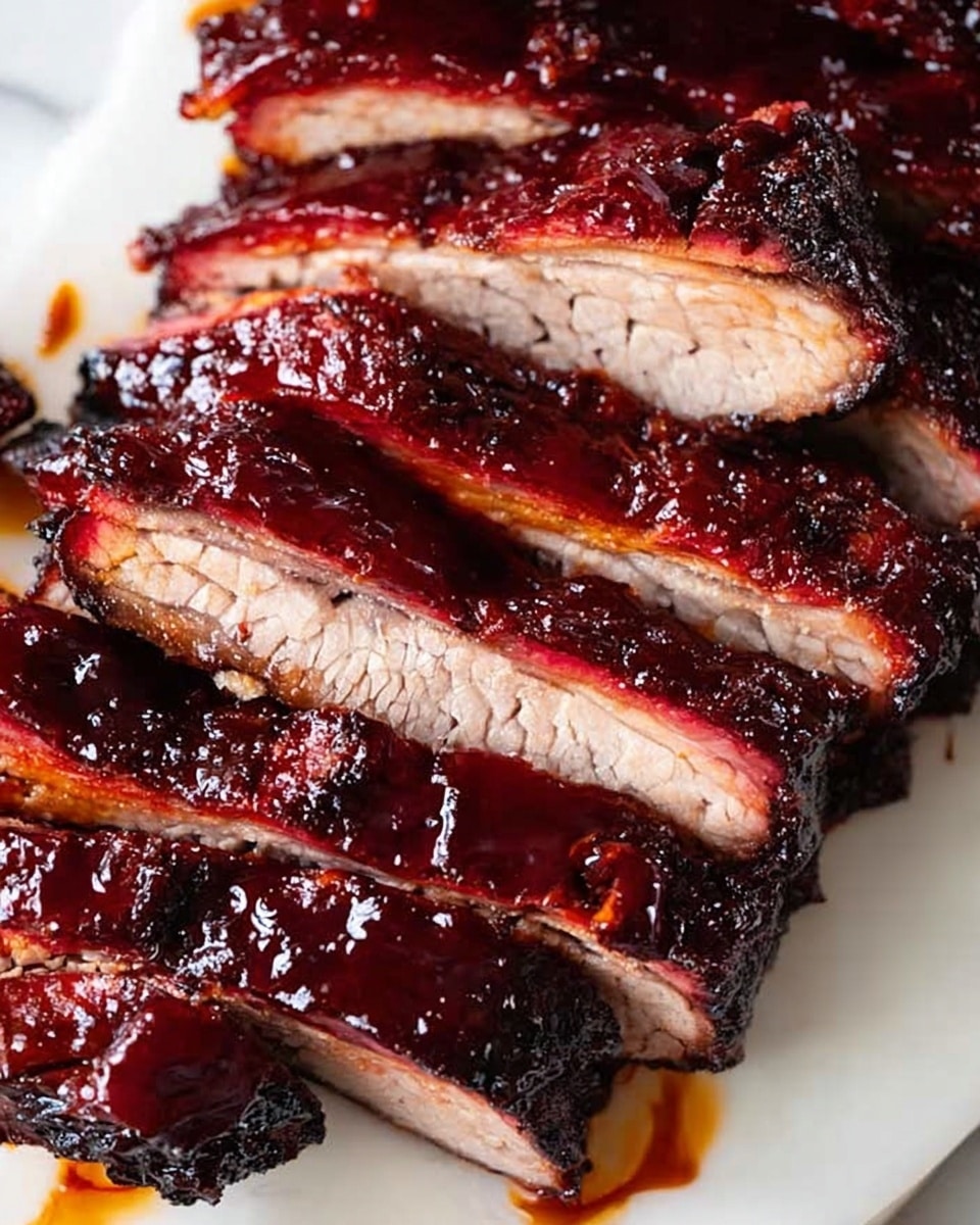 A white plate with thick slices of roasted pork, stacked closely in layers. The pork has a dark, shiny red glaze covering each piece, creating a glossy and sticky look. The edges are charred and deep reddish-brown, contrasting with the lighter pink and white meat inside. Some parts show the texture of the cooked meat, which looks juicy and tender. The plate has traces of red sauce surrounding the pork, on a white marbled surface. photo taken with an iphone --ar 4:5 --v 7
