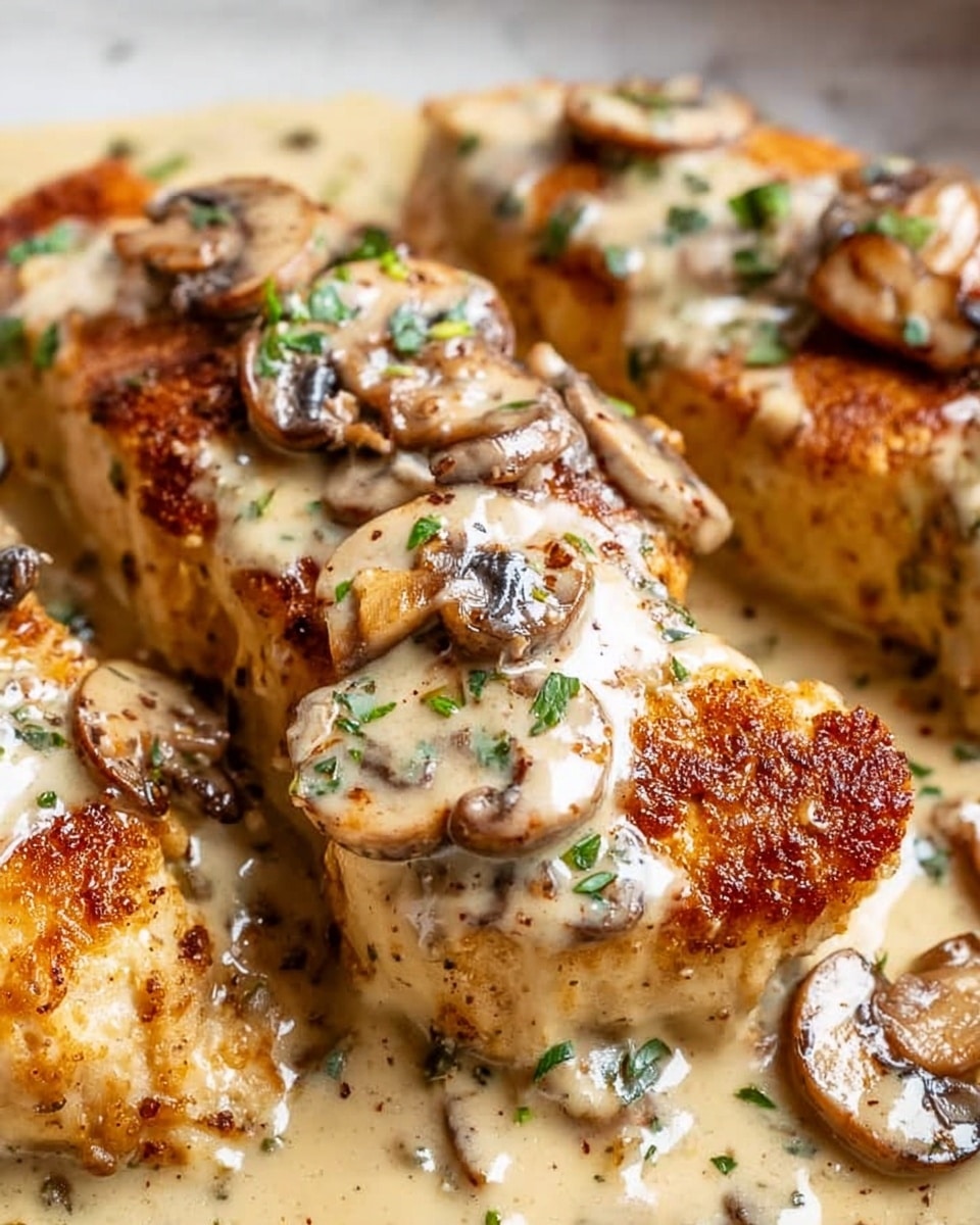The image shows several pieces of golden-brown fried chicken layered with a creamy white mushroom sauce on top. The sauce is thick and smooth, covering parts of the chicken and surrounding the pieces, with slices of light brown mushrooms mixed in. Small green herbs are sprinkled over the dish, adding a touch of color. The whole dish is set against a white marbled texture background, highlighting the rich texture and colors of the chicken and sauce. photo taken with an iphone --ar 4:5 --v 7