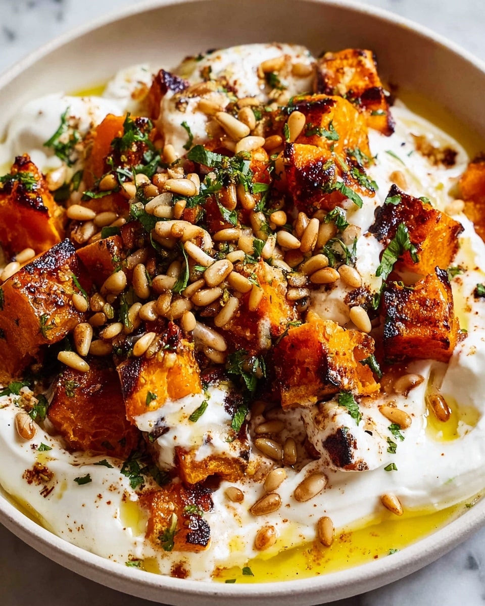 The image shows a white plate full of roasted golden-brown pumpkin pieces stacked in a small heap. The pumpkin has a slightly charred and crispy look at the edges. Over the top, there is a thick drizzle of creamy white yogurt sauce, which flows down the sides of the pumpkin chunks. Scattered over the dish are light brown toasted pine nuts and bright green chopped herbs, adding contrast. Around the plate, there is a slight drizzle of golden olive oil and a light sprinkling of dark spices. The white marbled surface under the plate adds a clean, simple background. Photo taken with an iphone --ar 4:5 --v 7
