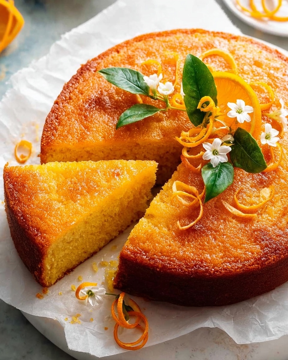 A single-layer round orange cake with a moist and slightly textured surface sits on white parchment paper. The cake is topped with delicate white flowers, thin orange peel spirals, and a couple of green leaves. A slice is cut out from the cake, showing its soft and dense inside with a warm orange color. The cake is placed on a white marbled surface, creating a bright and fresh setting. photo taken with an iphone --ar 4:5 --v 7