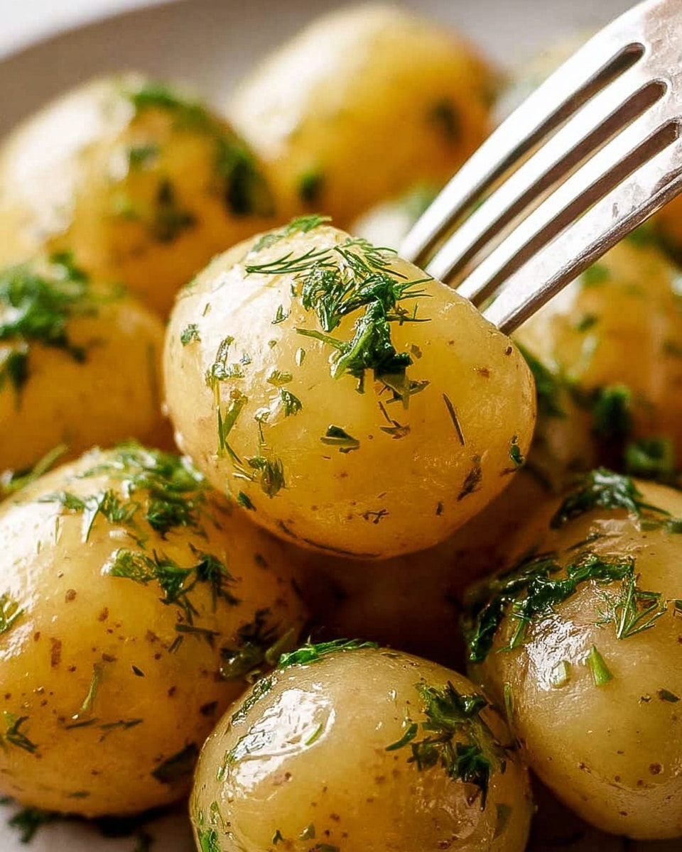 A bunch of small, round golden baby potatoes covered with shiny butter or oil and sprinkled with fine green herbs like parsley or dill, filling the frame closely. A silver fork held by a woman's hand gently lifts one potato at the center, showing the smooth, glossy texture of the skin with the green herbs stuck on it. The background features more potatoes, softly blurred to keep the focus on the lifted one. Photo taken with an iphone --ar 4:5 --v 7