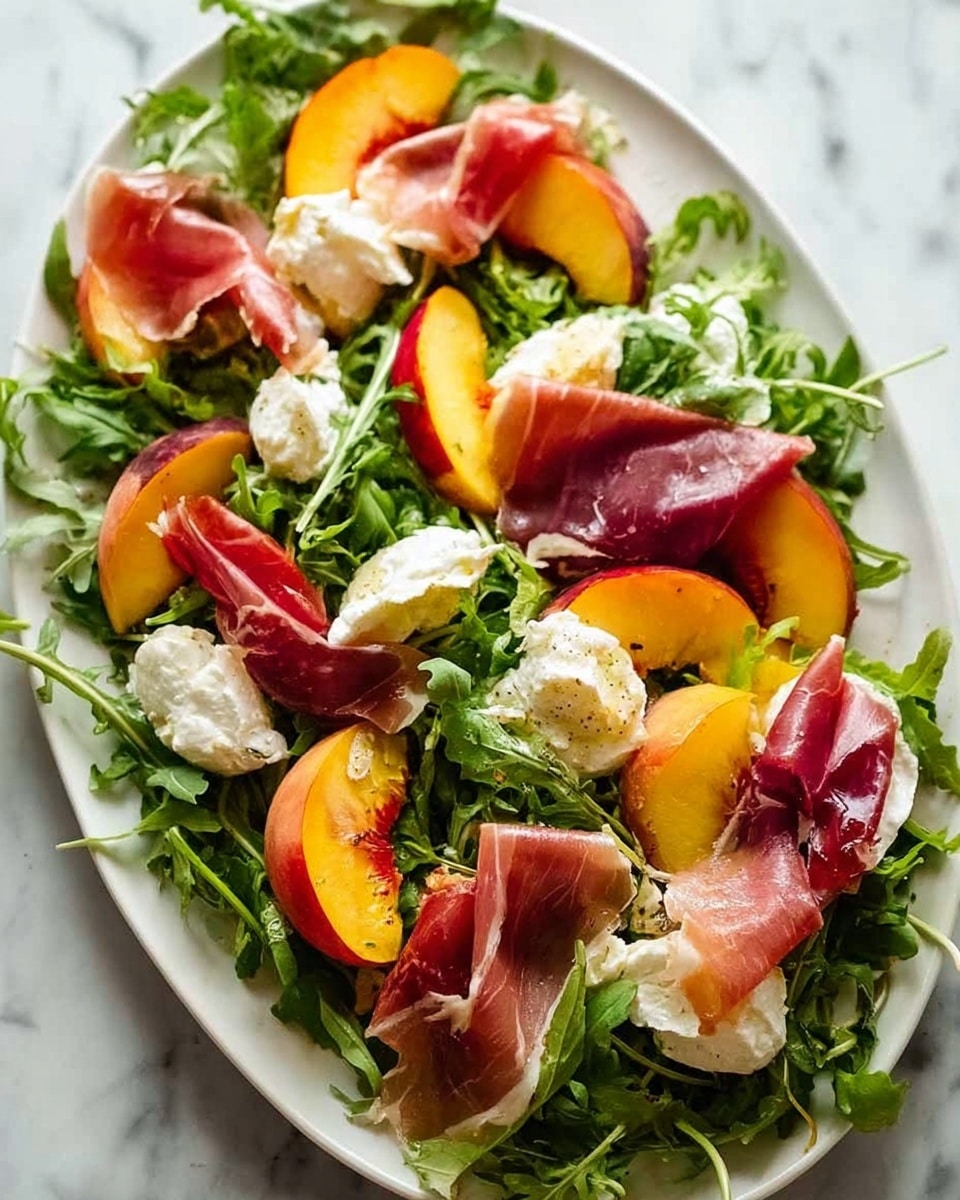 A long white plate holds a fresh salad made of three main layers: the base is made of fresh green arugula leaves scattered all over, on top are slices of red and yellow peaches that provide bright orange and red colors, and the top layer features thin folds of pinkish prosciutto and soft white dollops of creamy ricotta cheese. The textures vary from the leafy crispness of arugula to the smooth peaches and delicate, slightly shiny prosciutto, all arranged loosely but invitingly. The background is a white marbled surface. photo taken with an iphone --ar 4:5 --v 7